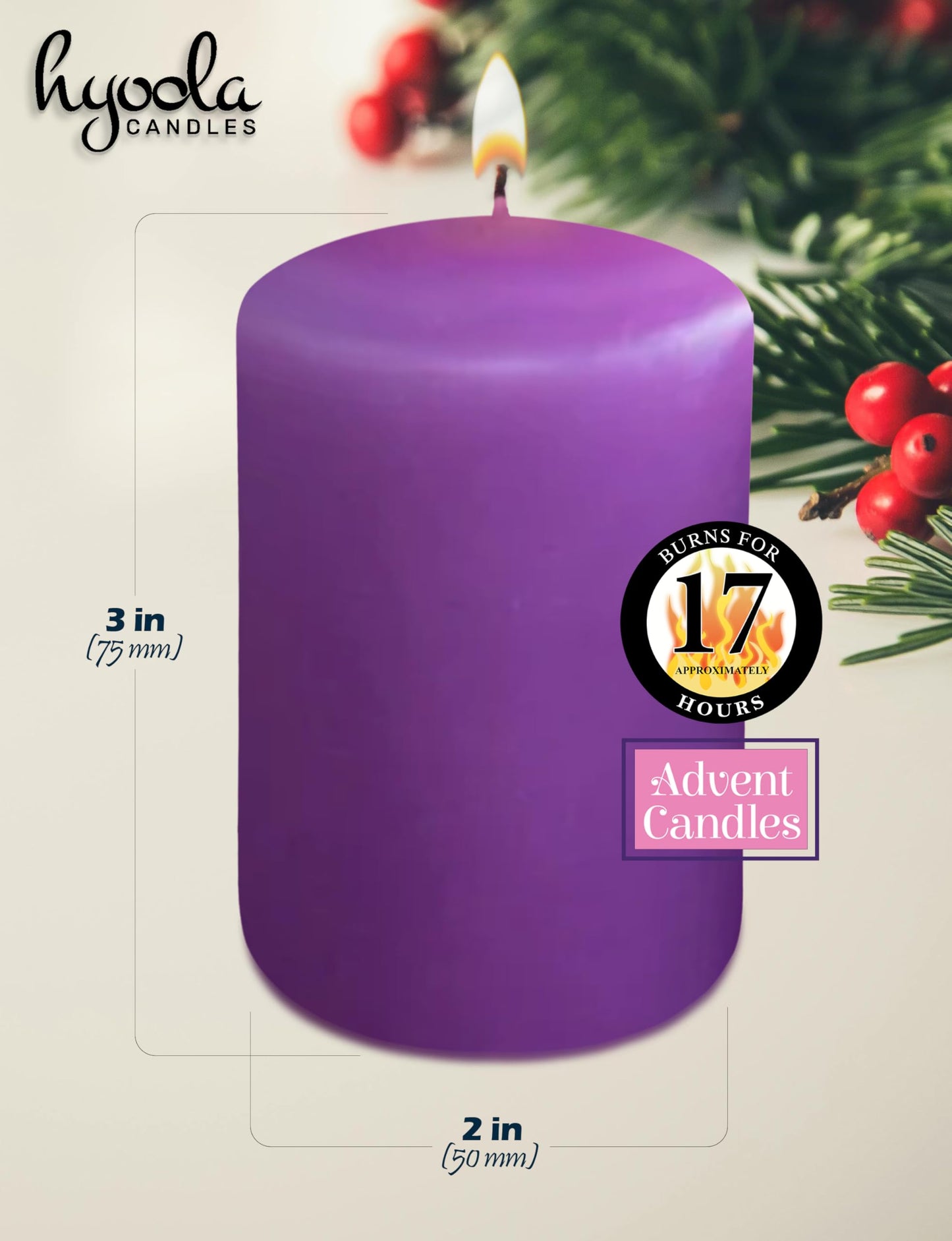 Hyoola Advent Candles Set of 4 - Unscented Pillar Candles 2x3 Inch - Made in Europe - Holiday & Advent Wreath Candles