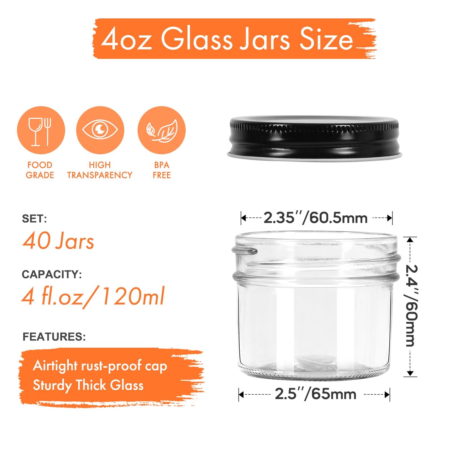 Jaisie.W 4 oz Mini Glass Jars 40Pack - Small Mason Jars with Lids & Stickers for Food Storage, Candle Making, Pantry Organizers - Black Lids