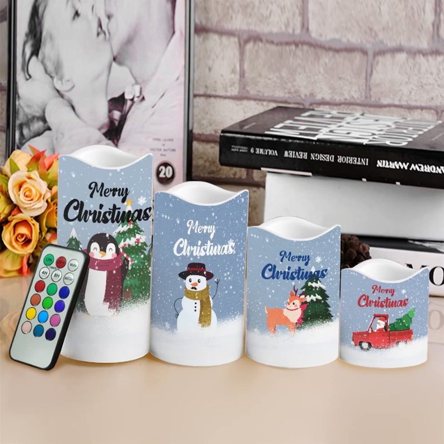 Cozeyat Santa Claus Pattern Electric Candles in Warm Yellow,4 Packs Flickering Real Pillar Votive Tealight,Plastic Flameless Candles Battery Operated for Home Party Cocktail