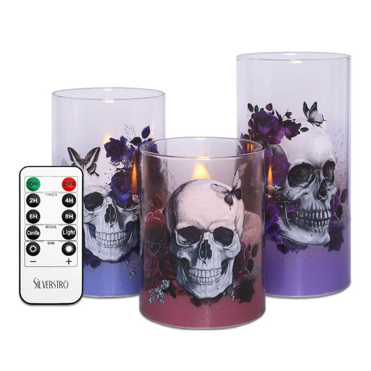 Silverstro Gothic Skull Flameless Candles Set with Remote Control Timer Function, 3-Piece Horror Theme Halloween Decorative Candles for Home Party Haunted House Horror Theme Halloween Decorations