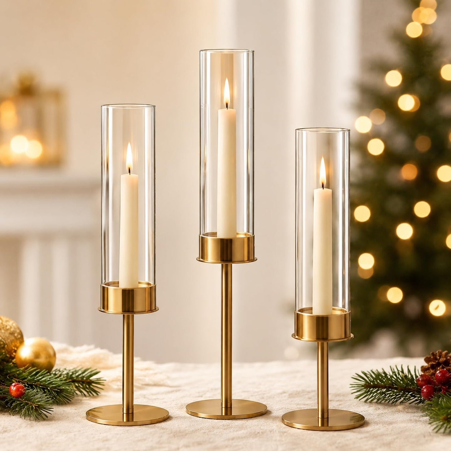 C COMCROSFLY Gold Candle Holders Set of 3, Elegant Glass Hurricane Candlestick Holders for Table Centerpiece, Wedding Decor, Modern Tall Candle Stick Holder for Dining Table, Home Decoration