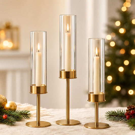 C COMCROSFLY Gold Candle Holders Set of 3, Elegant Glass Hurricane Candlestick Holders for Table Centerpiece, Wedding Decor, Modern Tall Candle Stick Holder for Dining Table, Home Decoration