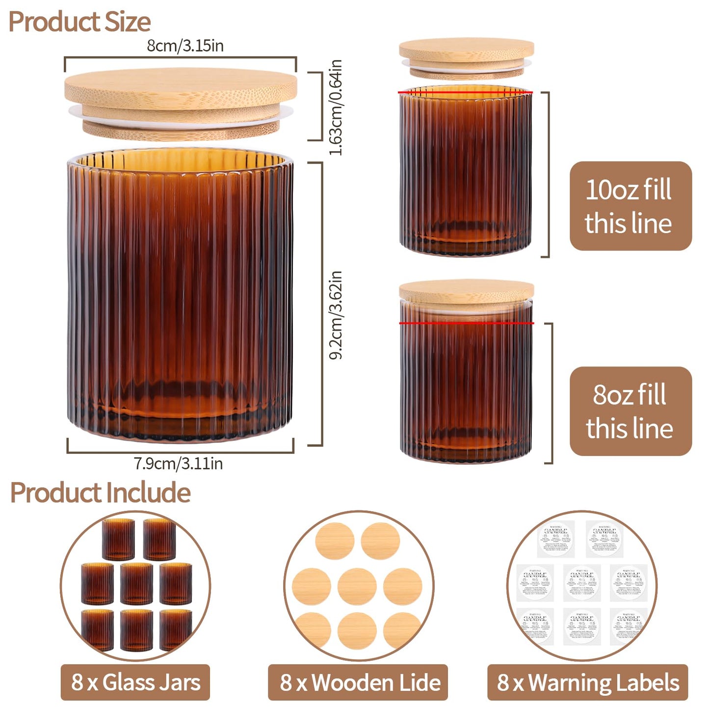 sunnyfuture 10 OZ Amber Candle Jars for Making Candles Set of 8, Ribbed Glass Candle Jars with Wood Lids and Labels, Candle Containers for DIY, Gifts, Home Decoration