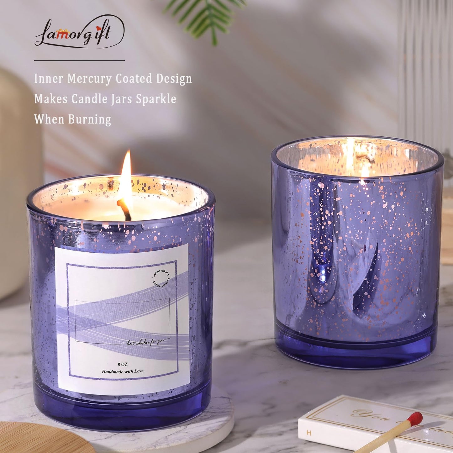 LAMORGIFT 12 Pack Glass Jars with Lids (10oz, Purple) - Making Containers for Candles - Mercury Glass Jars Include 15 Pcs Labels