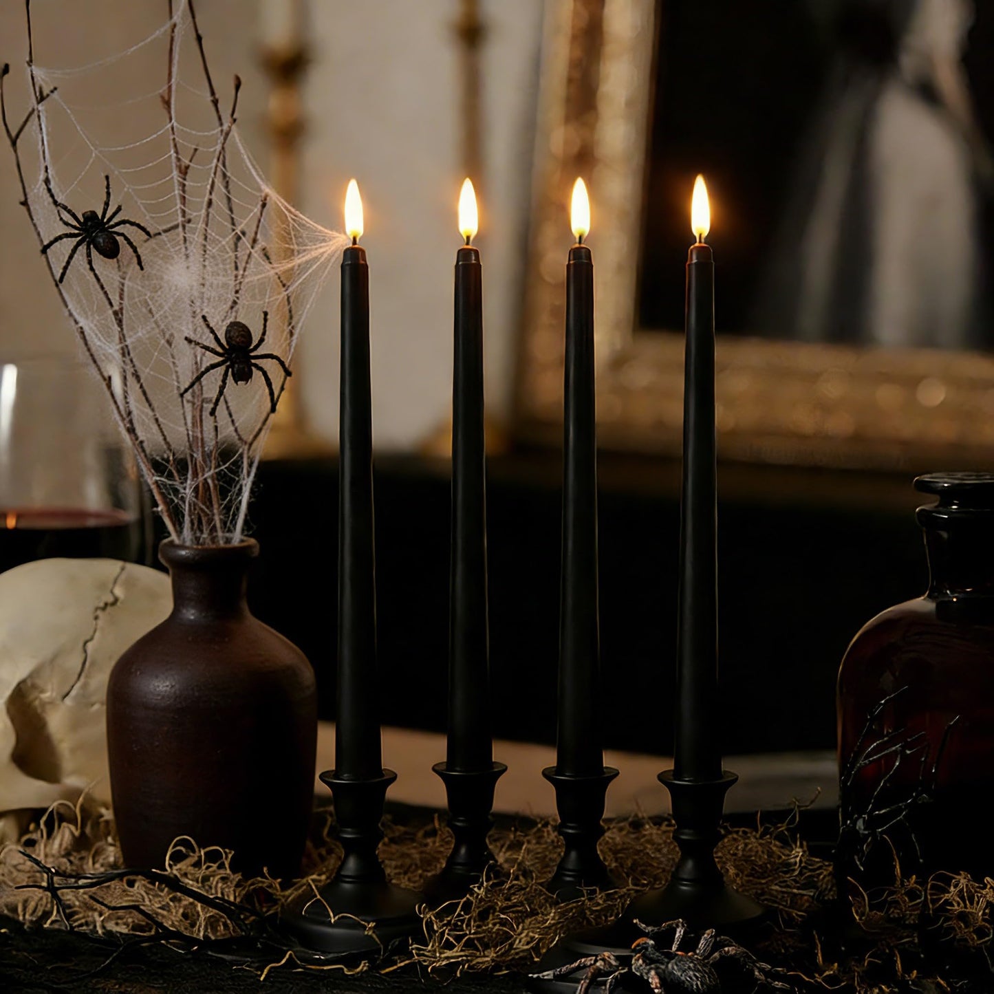 Ni-JASW Black Flameless Taper Candles with Remote, Flickering LED Candlesticks Battery Operated Set of 4