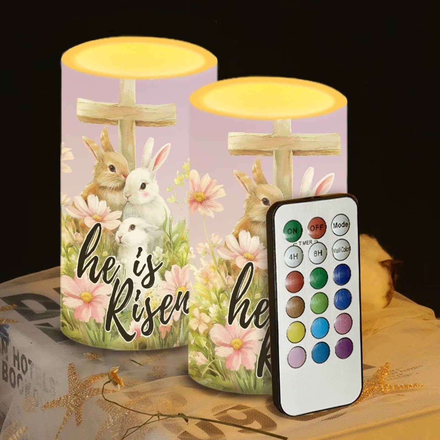 Luarisgur Flameless Candles LED Easter Rabbit Cross Decorative Candles Battery Operated Ornage Flickering Candles with 18-Key Remote Timer Pillar for Home Living Room Party Table Decorations
