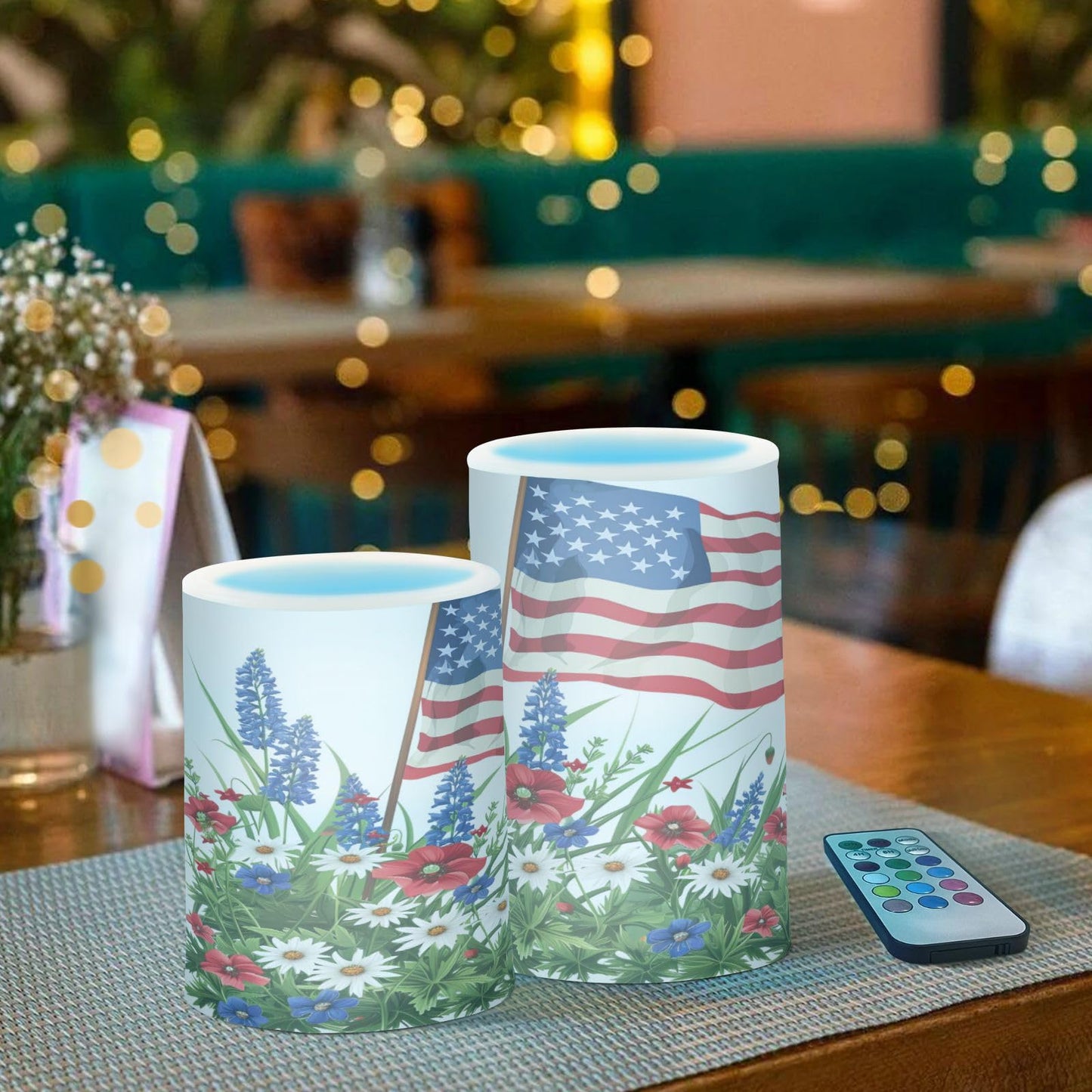 Lights Flameless Candles Wildflowers American Flag Pillar Candles Set of 2 Battery Operated Remote Control Warm Lights Home Decor