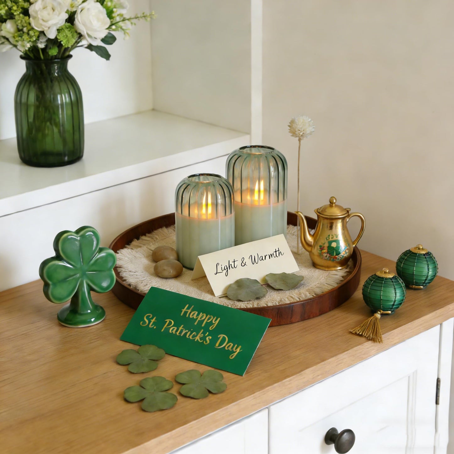 MUMCHASI Green Flameless Battery Operated Candles with Remote, Set of 5 Glass Jar LED Candles with Dancing Flame, Flickering Electric Candlelight for Home Wedding Party Decor H4”5”5”6" 6”