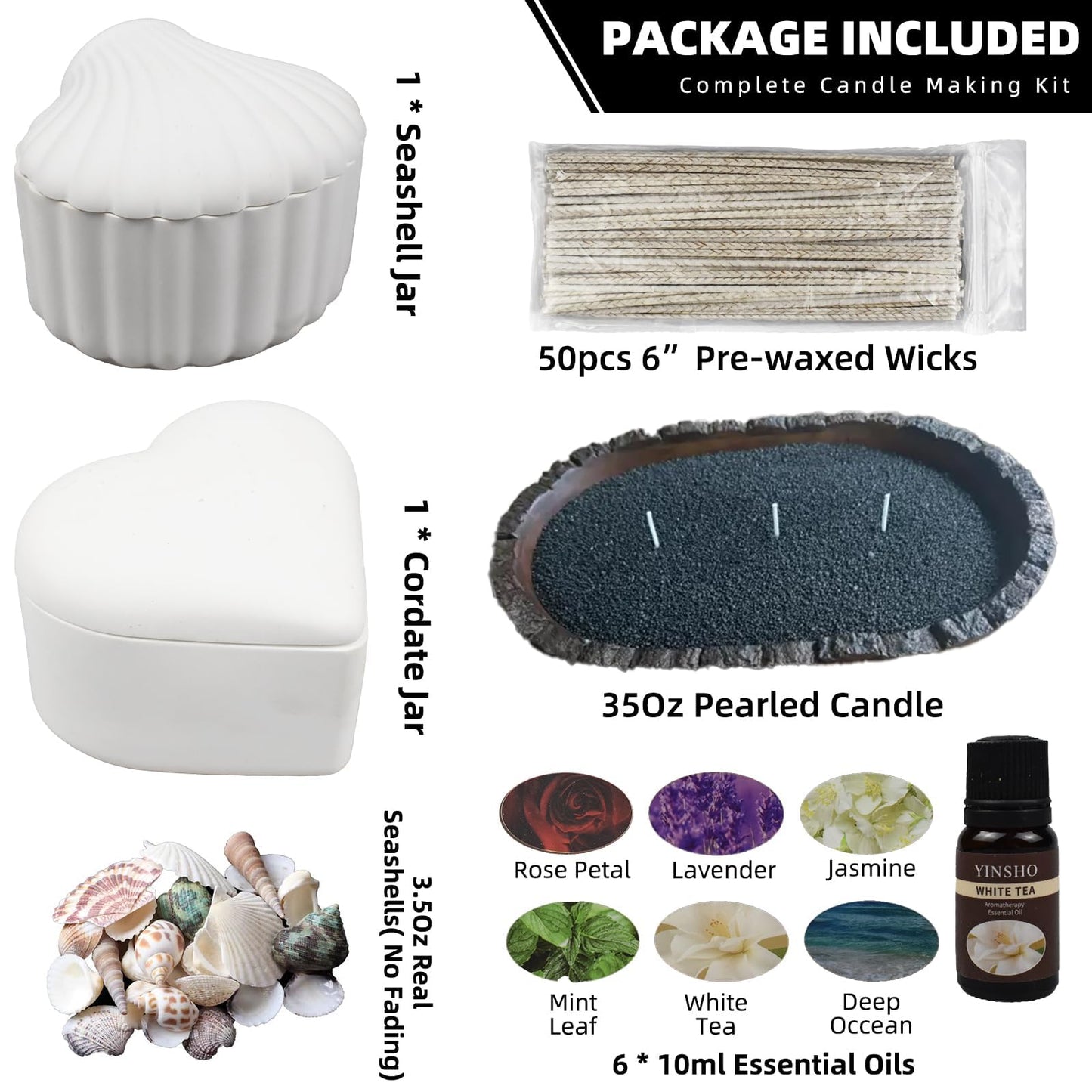 Pearled Candle Sand Set - 2.2Lb Sand Wax, 50X 6” Wicks, 6X Essential Oils, 2X Candle Jars with Lids, Smoke Free Powder Snow Halloween Candles, Over 240 Hours Burn Time DIY Candle Making Kit, Black