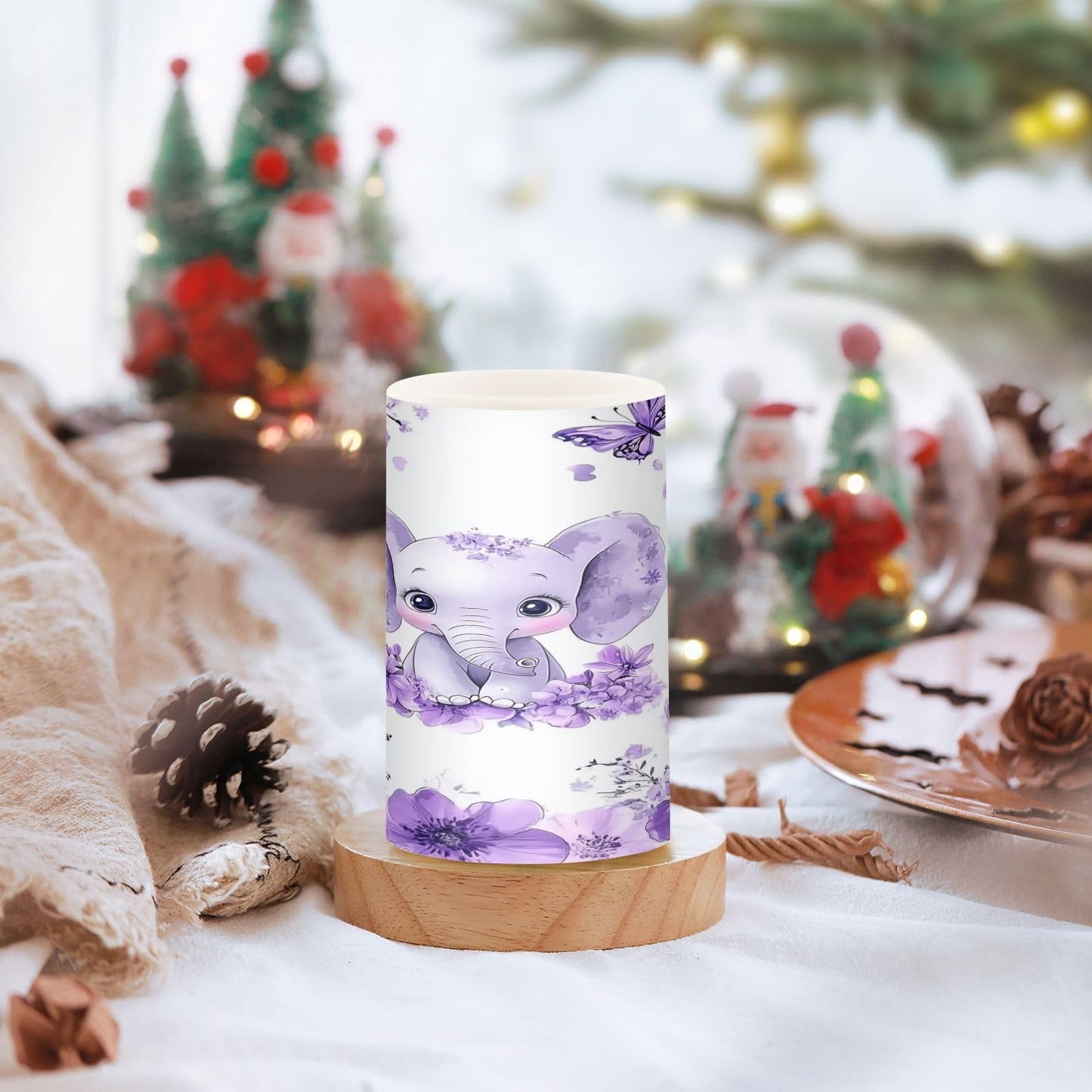 WEVIBOFU Purple Elephant Butterfly Flower Flickering Flameless Candles LED Battery Operated with Remote Timer Pillar Candles for Home Birthday Wedding Christmas Decor, Set of 2