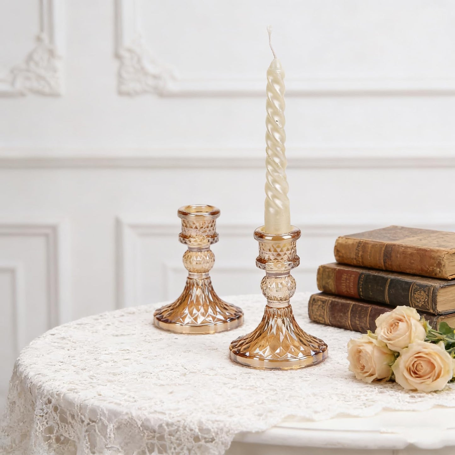 Gold Candle Holders -Glass Taper Candle Holders for Table Centerpiece for Table Centerpiece Wedding Party Festive Christmas Mantel Decoration or Home Decor Set of 2