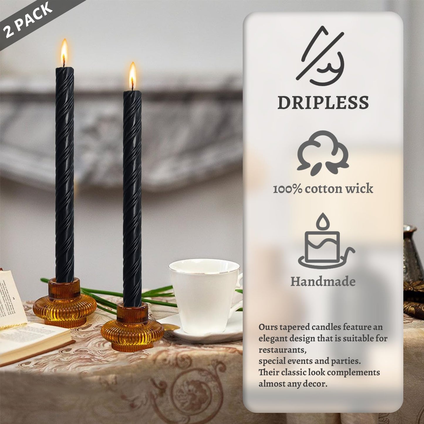 Dripless Taper Candles Unscented Black Spiral Candles Smokeless Long Dinner Candles 10 Inch Long Lasting Burn Candlesticks for Home Decoration Christmas Gifts(2Pcs)
