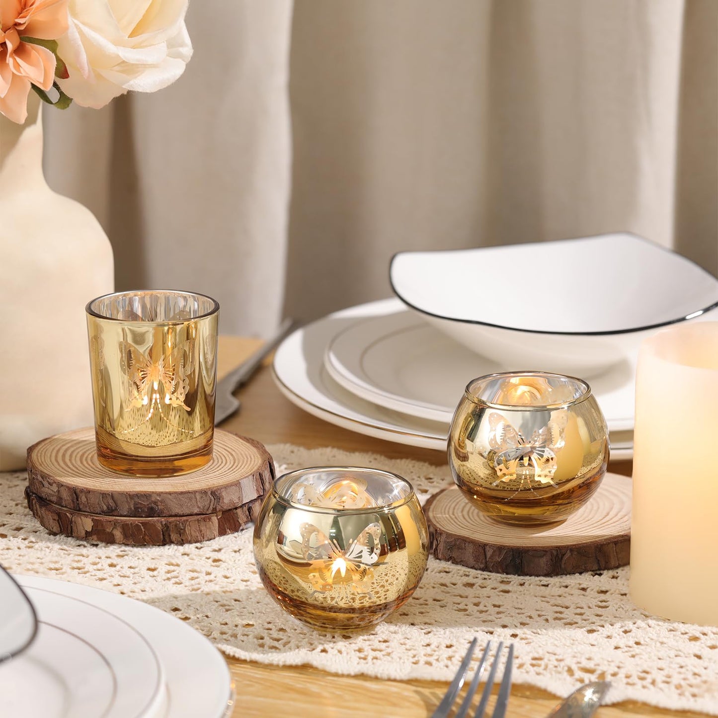 Lanttu Gold 12 PCS Combination Tea Lights Candle Holder Decorative with Butterfly Pattern, Votive Candle Holders for Wedding, Birthday, Anniversary, Parties, and Holiday Decorations