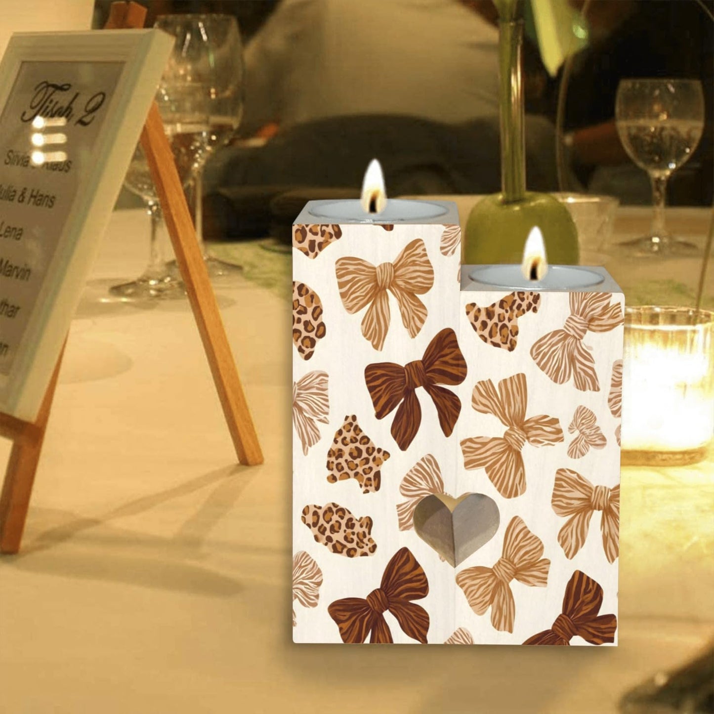 pnyoin Cute Animal Print with Bows Candle Holders Gift for Women Wooden Heart Candlestick Personalized Christmas Birthday Graduation Friendship Gifts Home Wedding Dinning Party Decorative