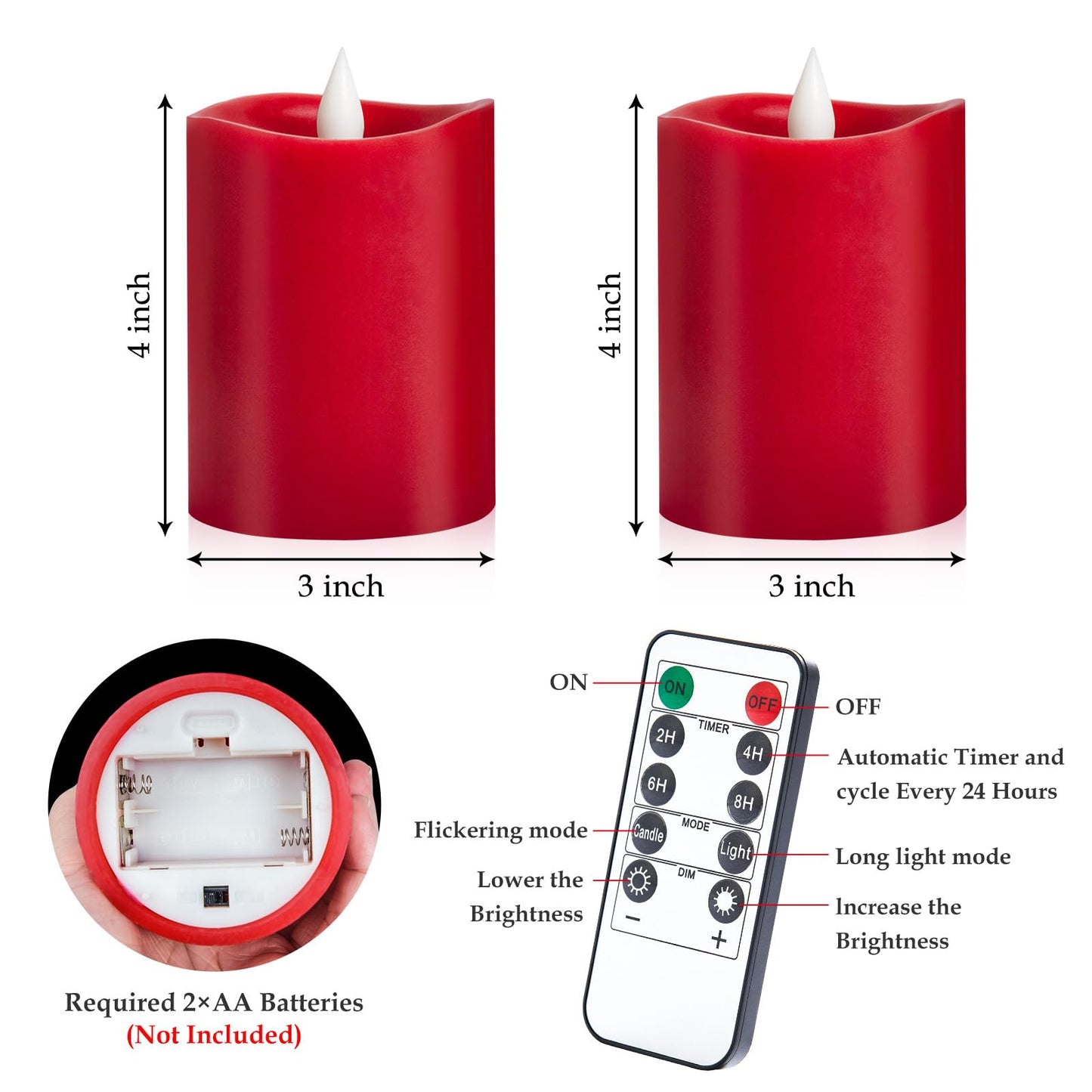 Woocodowe 3" x 4" Red Flameless Candles - LED Pillar with Remote, Timer, Flickering, 600+ Hour Battery Life, Ideal for Christmas, Halloween, and Indoor Decor (Red, 3"*4"-2pcs)