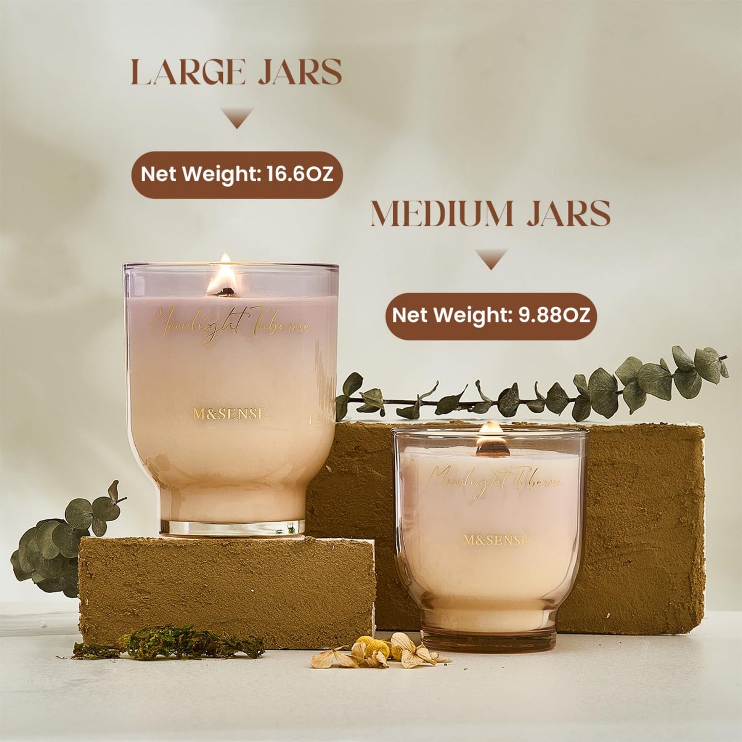 M&SENSE 9.9oz Natural Soy Wax Jar Candle with Wooden Wick | Moonlight Tuberose Scent | 55-Hour Burn & Long-Lasting Burn | Housewarming Gift for Men and Women