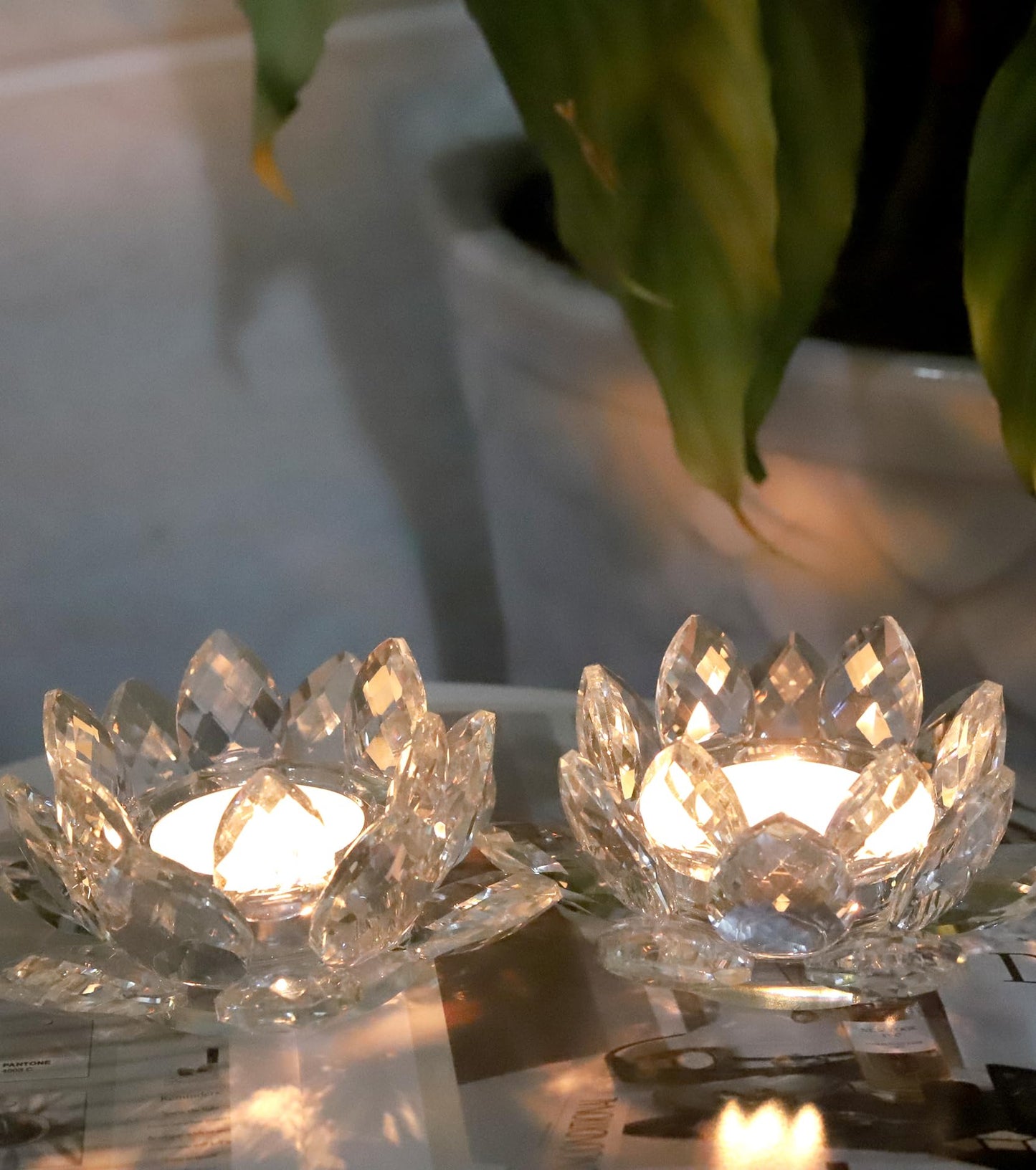 Aixita Crystal Lotus Flower Tealight Candle Holder Set of 2, Clear Glass Candlestick Holders, Pillar Votive Candle Holders for Table Centerpiece, Home Décor, Party, Wedding, Dinning