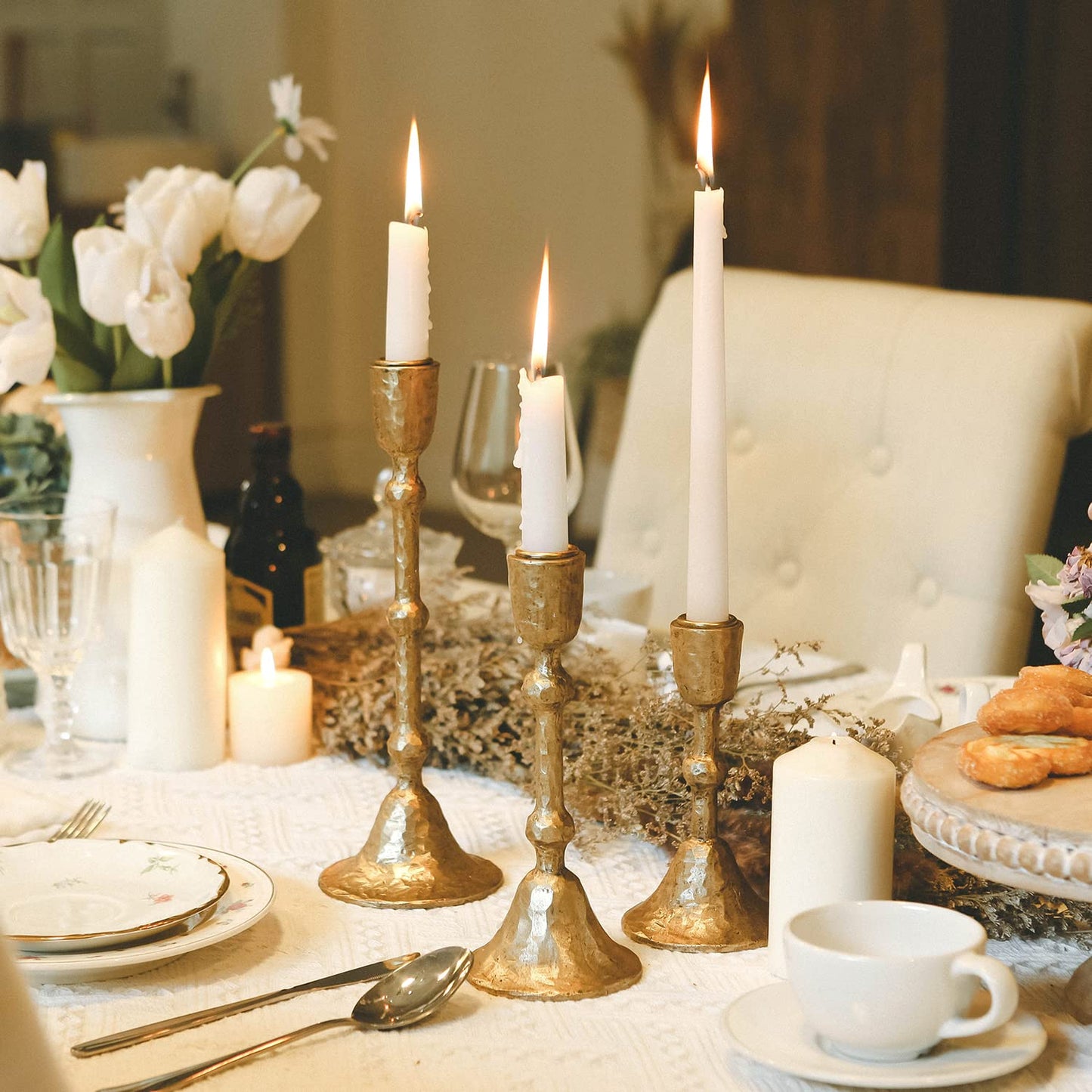 NIKKY HOME Vintage Elegant Gold Hammered Taper Candle Holders Set of 3