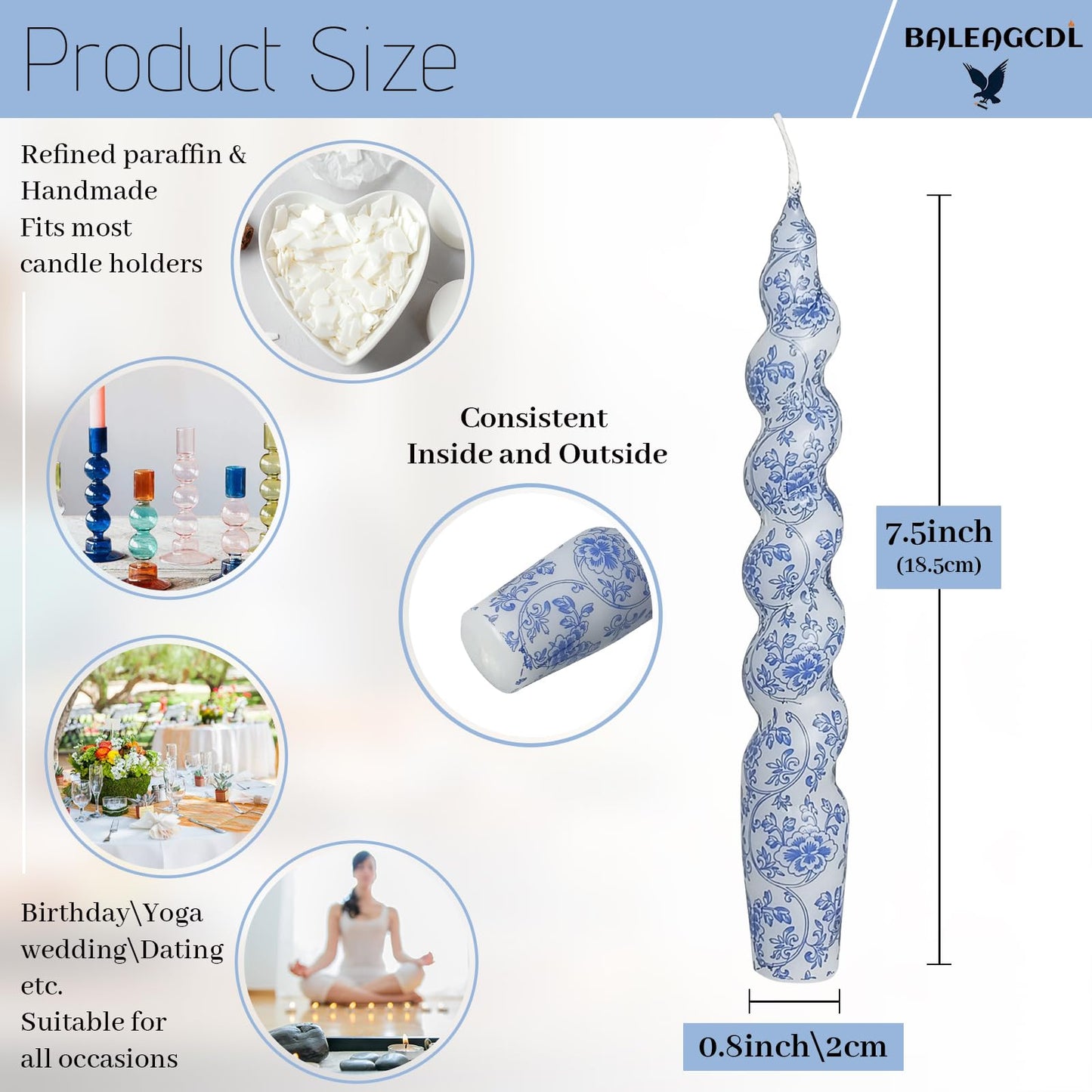 Spiral Taper Candles, 7.5 Inch Blue Floral Printed Twisted Candlesticks, Smokeless Handmade Short Candles for Wedding Dinner Home Party Decor, 4 Pack