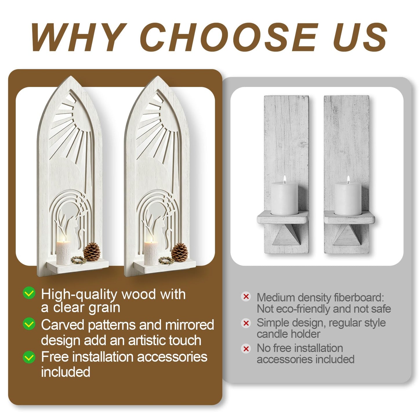 ZEXUIRU 2 Set Rustic Candle Sconces Living Room Bedroom Entryway Wood Mirrored, Farmhouse, Carved Frame Wall-Mount Wooden Candle Holders Wall Decor Hanging Handmade Holder - Distressed White