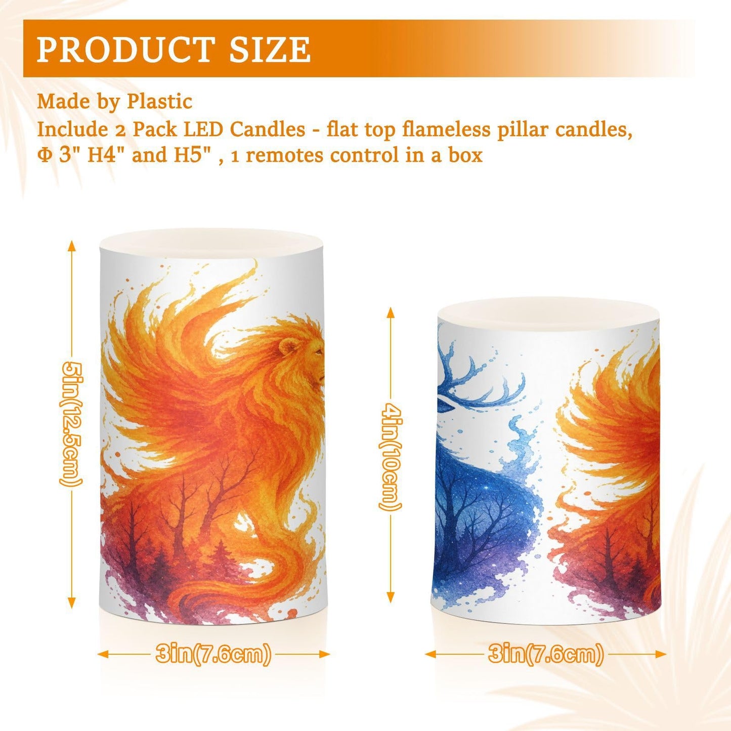 KGLDSNM Fire Lion Forest Deer LED Flameless Flickering Candle with Remote Timer Battery Operated for Indoor Outdoor Party Holiday Home Decor 2 Pack