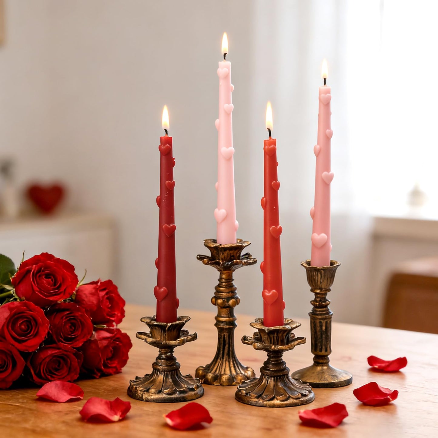 Nuanchu 4 pcs Valentine Heart Taper Candles 3D Heart Pillar Candles 10 Inch Red Pink Long Tapered Candlesticks Unscented, Smokeless, Dripless for Birthday Christmas Dinner Wedding Party Home Decor