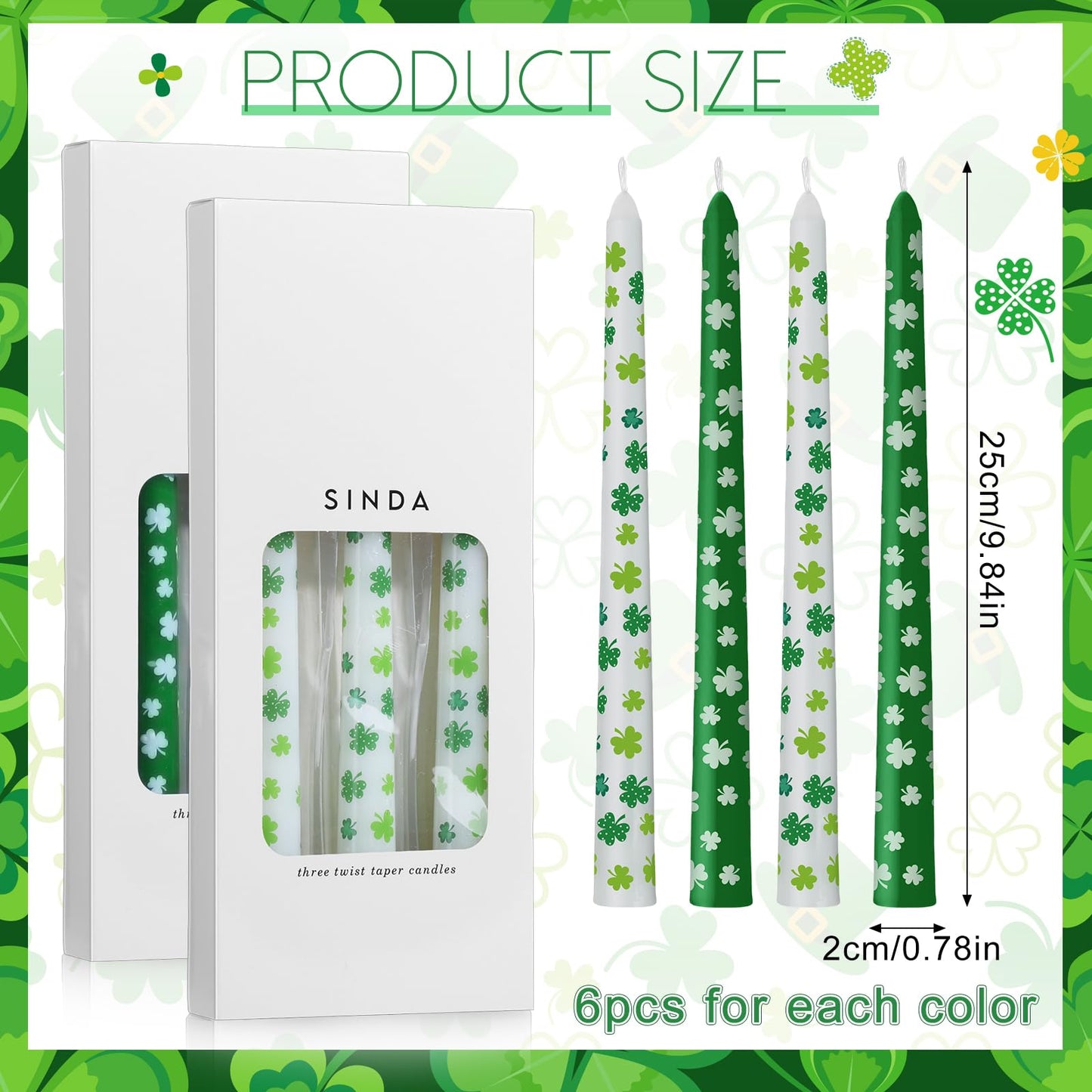 Threlaco 12 Pcs St. Patrick's Day Dripless Taper Candles 10 Inch Tall Unscented Candle Sticks White Green Shamrock Set St. Patrick's Day Gifts Holiday Decor for Dinner Party Wedding Anniversary