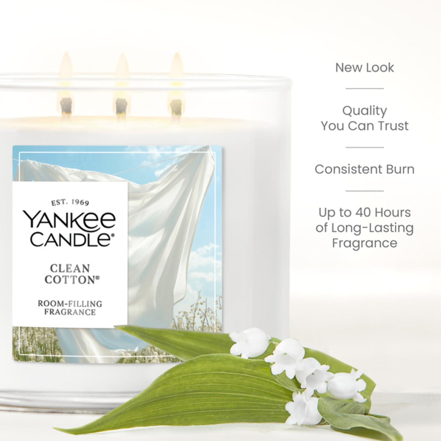 Yankee Candle Clean Cotton, Fall Scented Candle, 14.5oz 3-Wick Candle Jar with up to 40 Hours Burn Time