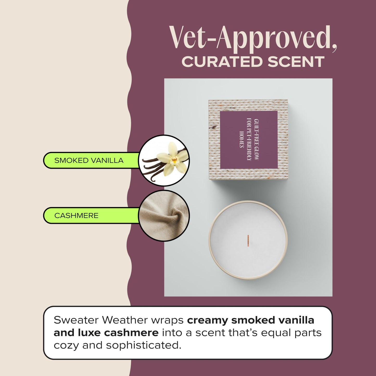 Companion Candles Sweater Weather Pet-Friendly Scented Candle – Smoked Vanilla & Cashmere Fragrance - Coconut Soy Wax Candle with Wooden Wick, Approx. 50-Hour Burn Time, Made in USA, 11.8 oz