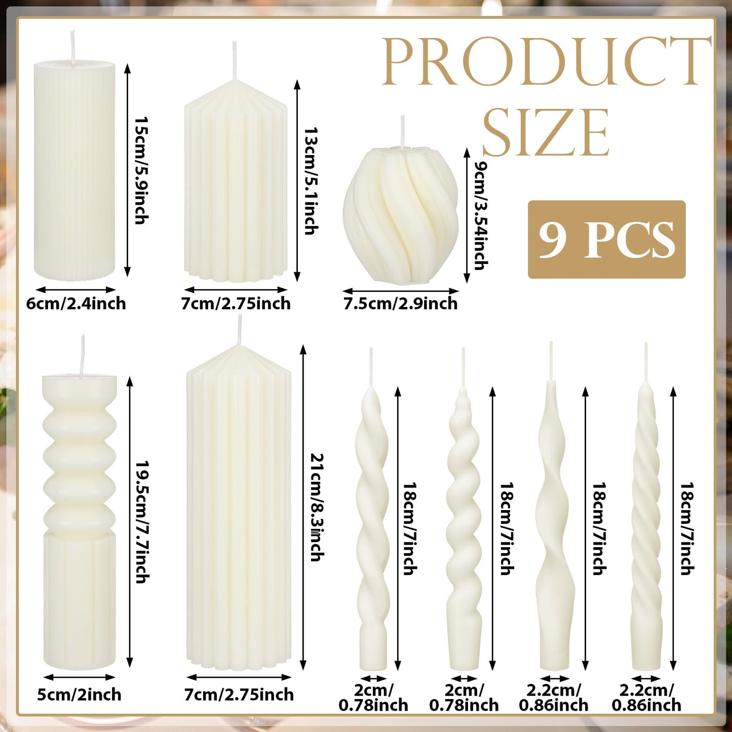 Nuanchu 9 Pcs Modern Decorative Candles Set 5 Pillar Aesthetic Ribbed Candles 4 Spiral Taper Twisted Candlesticks Scented Smokeless Soy Wax for Wedding Holiday Dinner Home Decorations(White)