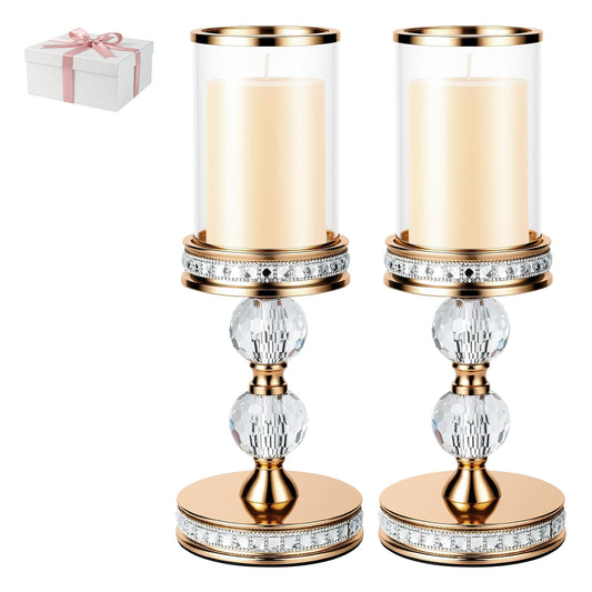 12.4" Tall Hurricane Candle Holder, Pillar Candle Holders with Glass Sleeve with Gift Box, Crystal Candle Stands for Home Warming, Weddiing, Dining Room Decor, Table Centerpiece (2, Gold, M)