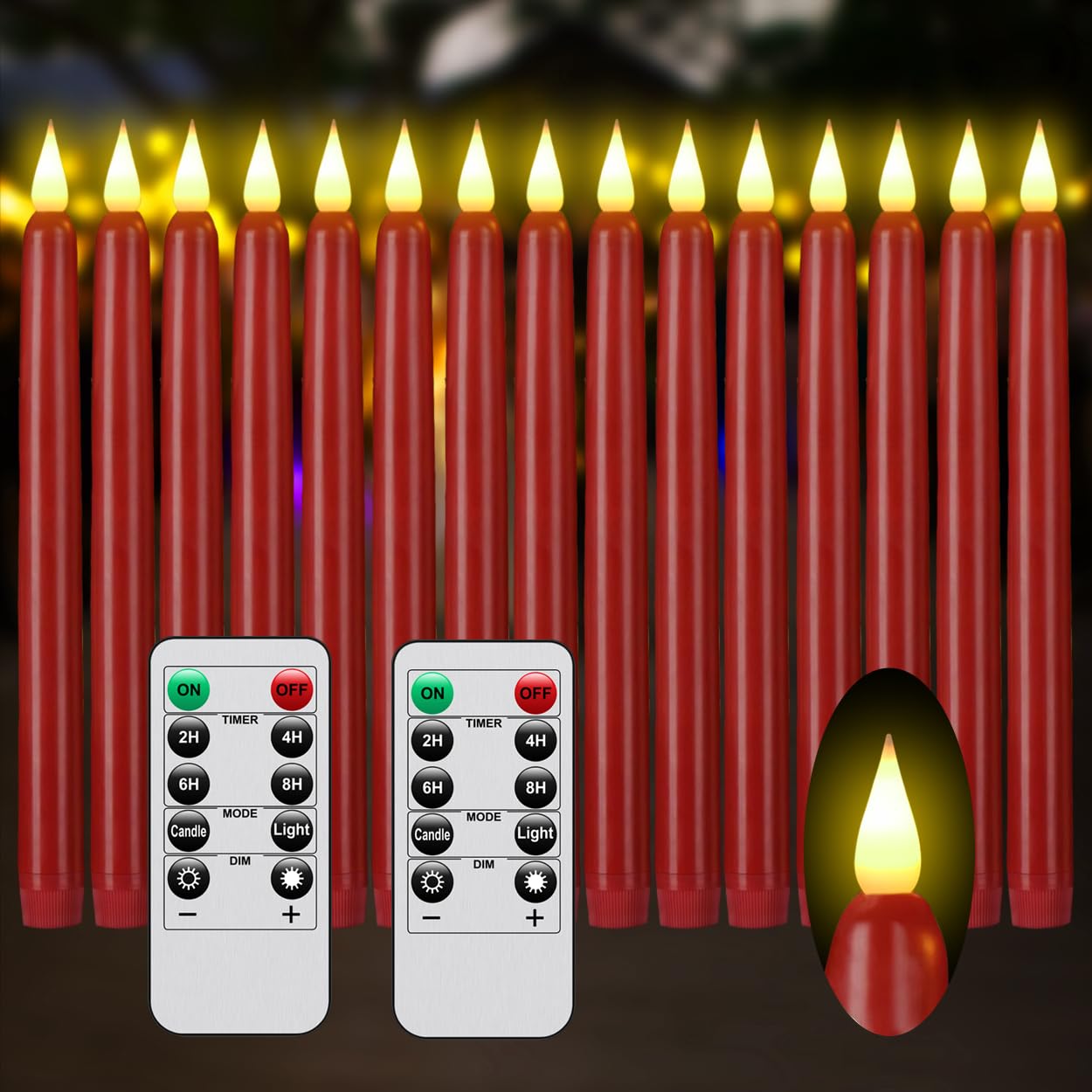 Flameless Taper Candles with Remote Control and Timer, Battery Operated LED Candlesticks with Flickering 3D Flame, 9.6×0.8 Inches Plastic Tall Candles for Christmas, Wedding and Home Decor (Red, 15)