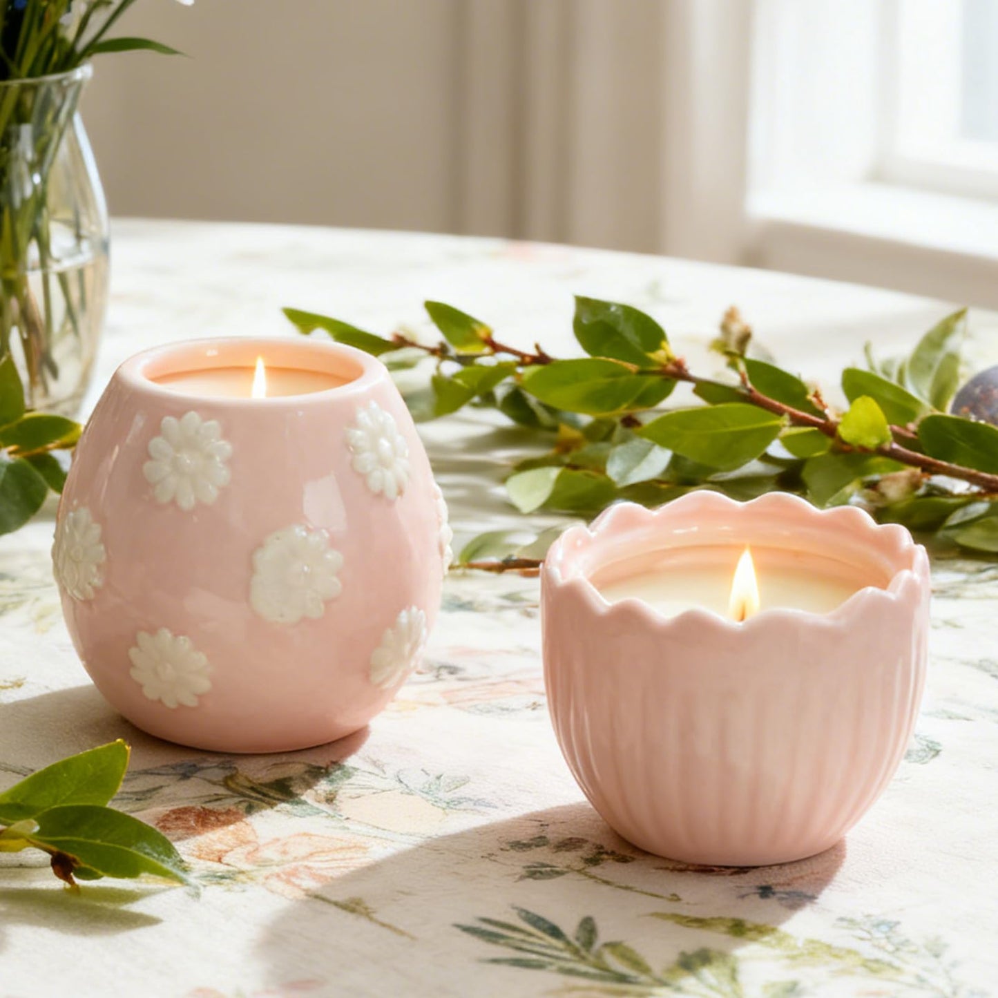 WDS WONDROUS 2-Pack Easter Bunny & Bow Ceramic Jar Candles, Egg Shaped Soy Wax Scented Candles with Daisy and Striped Design, Spring Home Decor Gift Set for Women, Pink Farmhouse Table Centerpiece