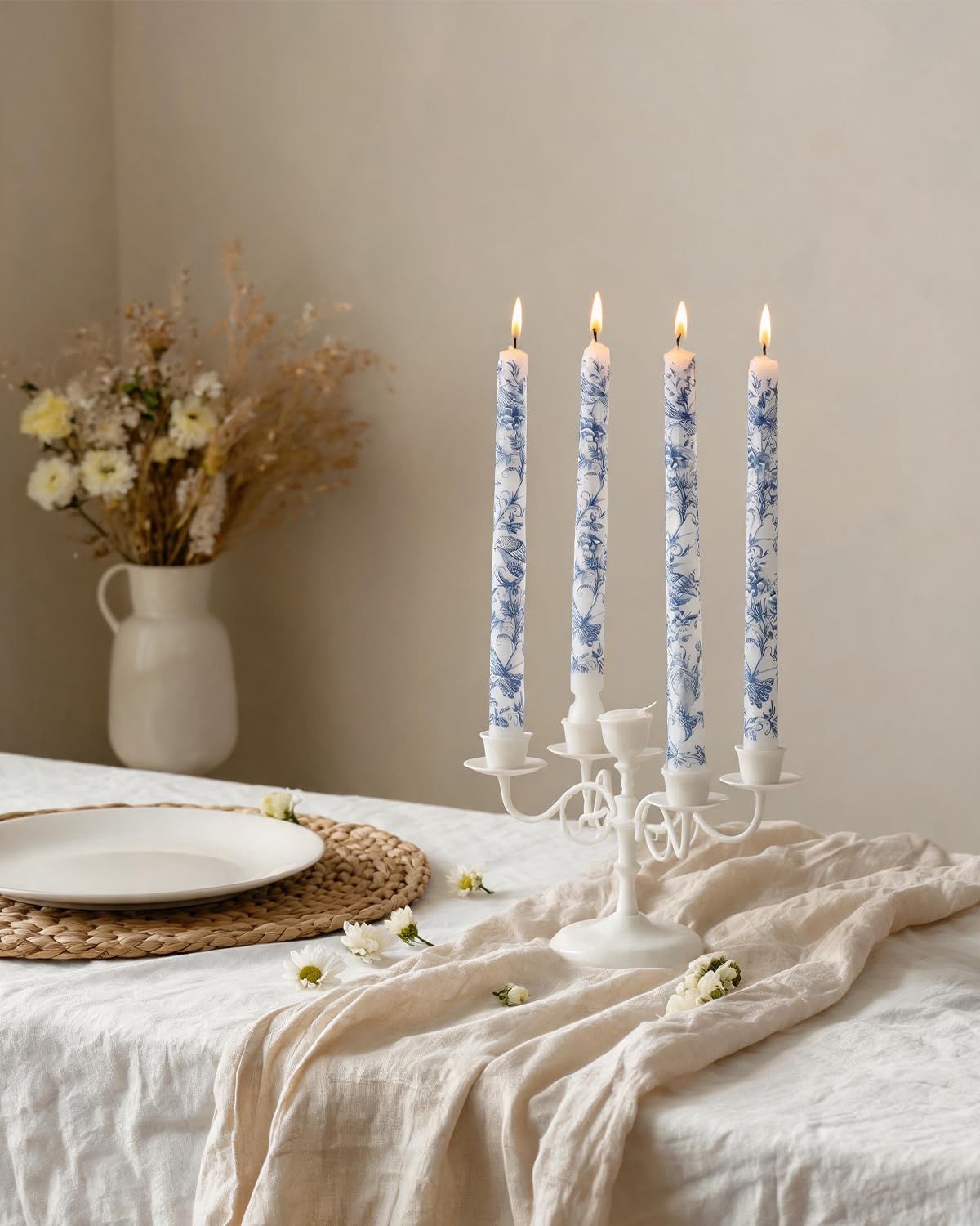 MAITREYA Chinoiserie Taper Candles Blue and White Chinoiserie Decor Candlesticks for Wedding Party Home Table Centerpiece Christmas Halloween Gifts-10Inch,4 Pcs,Bird