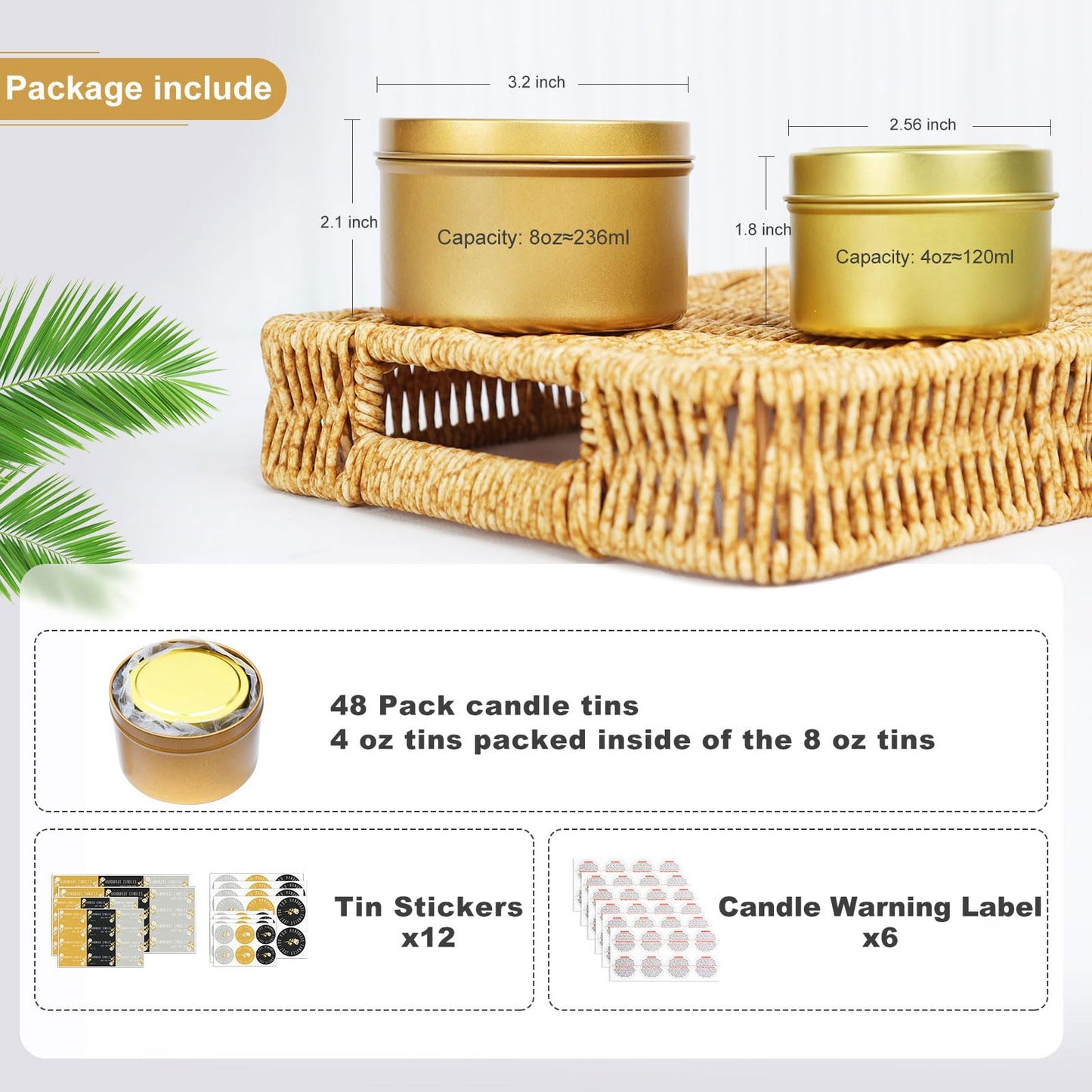 CONNOO 48 Pack Candle Tins - 24pcs 8oz + 24pcs 4oz Matte Gold Candle Jars with Lids for Making Candles, Bulk Empty Candle Containers with Sticky Warning Labels for Candle Making, Storage, and Gift
