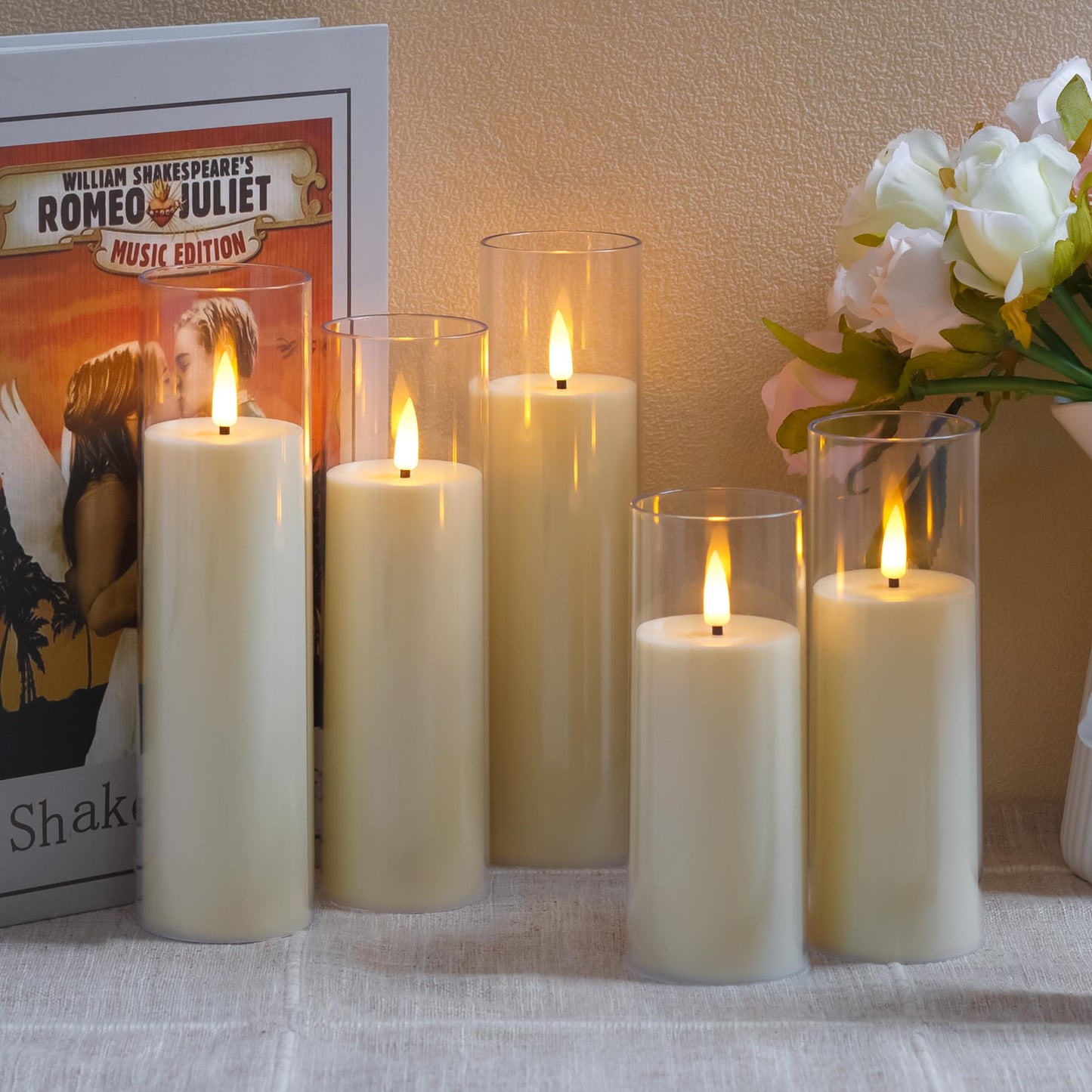 Yeelida Acrylic Flameless Flickering Candles with Remote Control and Timer, Battery Operated LED Fake 2.2" x 5",6",7",8",8" Plastic Pillar Candles for Home Decor(Long-Lasting, Ivory)