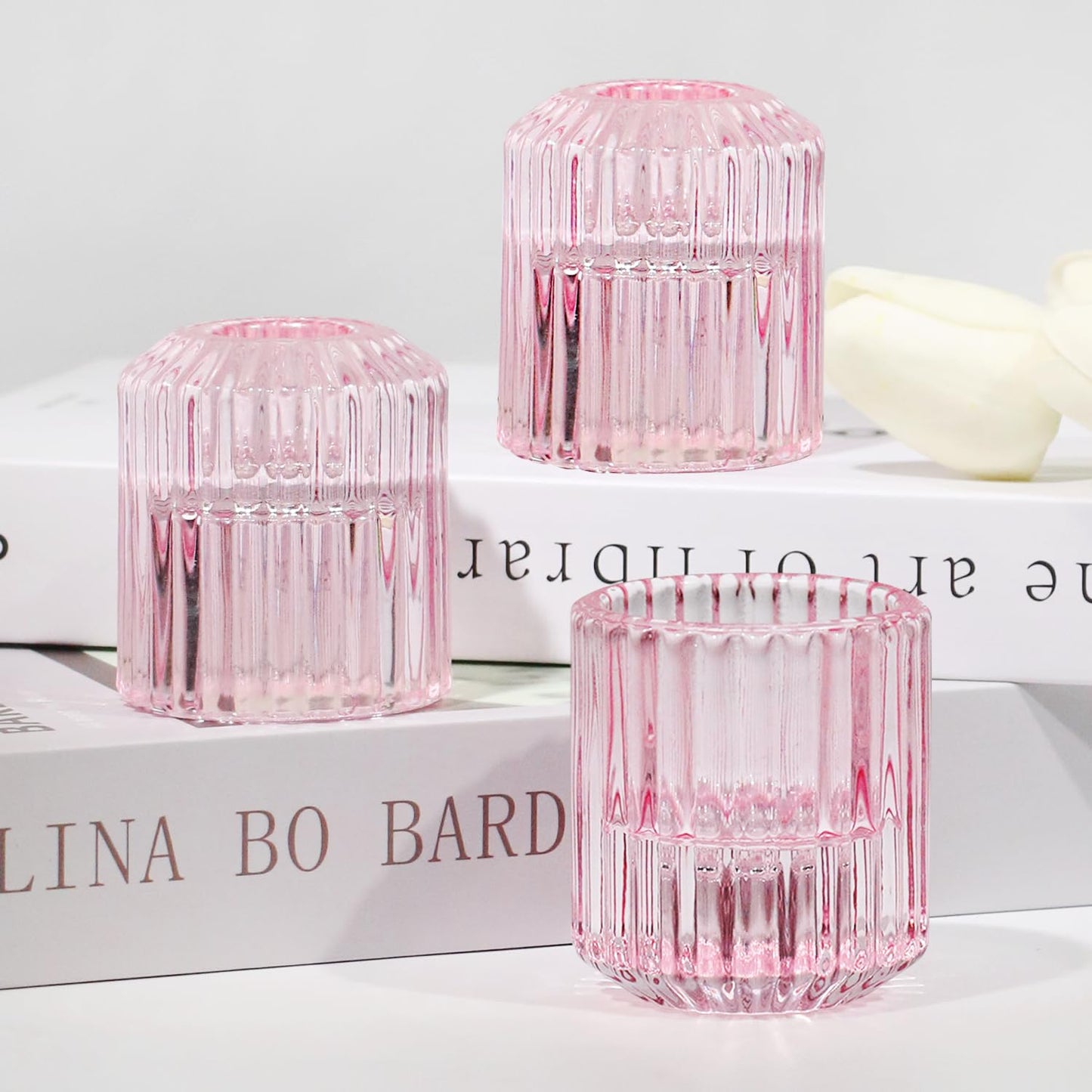CHOCSTAY Reversible Pink Glass Candle Holder Set of 6, Thick Heat-Resistant Glass Candlestick Holders for Taper, Tealight, Votive, LED Candles, Perfect for Wedding, Party, Home Décor