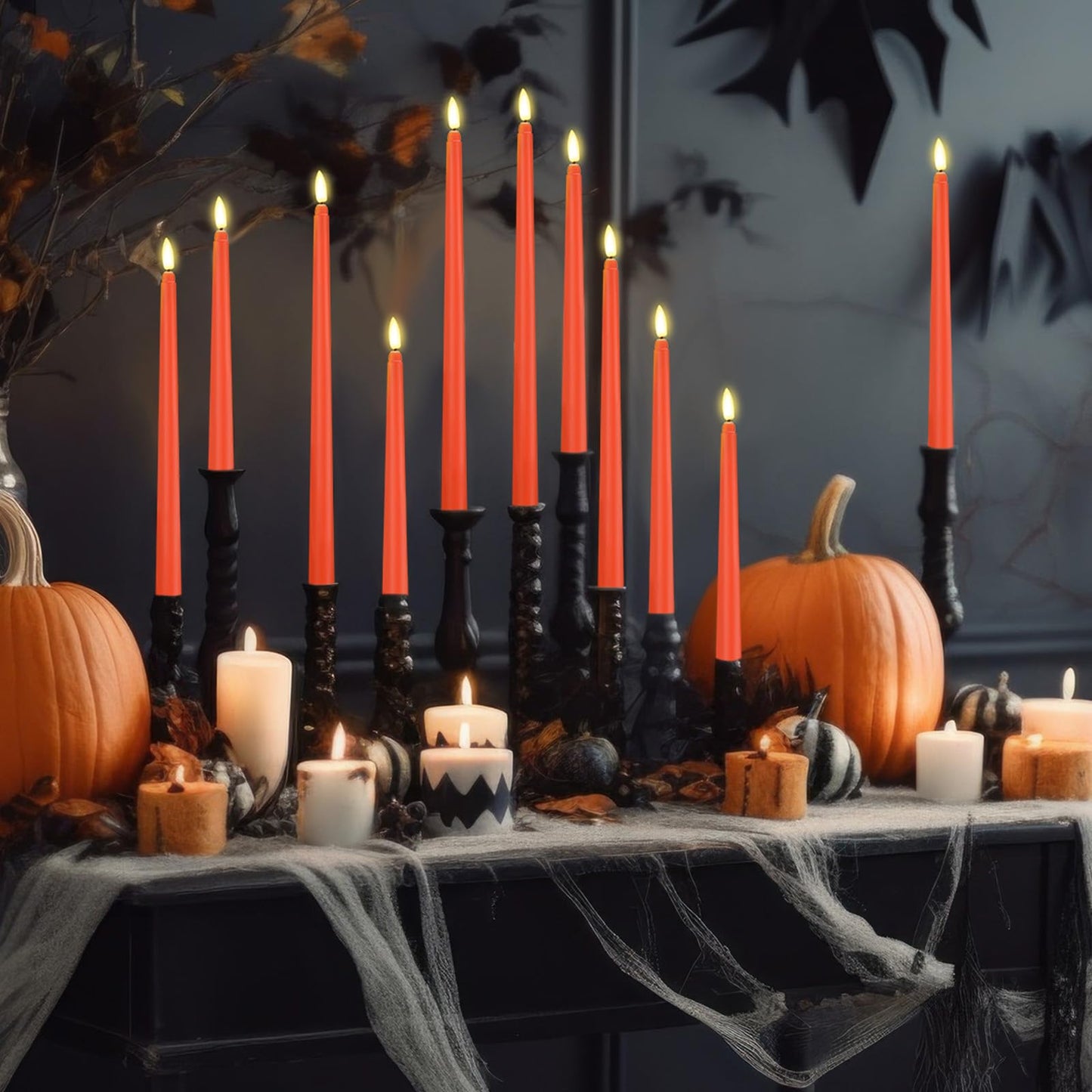 Rossesay 24 Pcs Flameless LED Taper Candles Battery Operated Candle 8.5", 9.65", 10.8", 12.8" Flameless Candlesticks Flickering for Christmas Church Wedding Indoor Decoration(Classic, Orange)