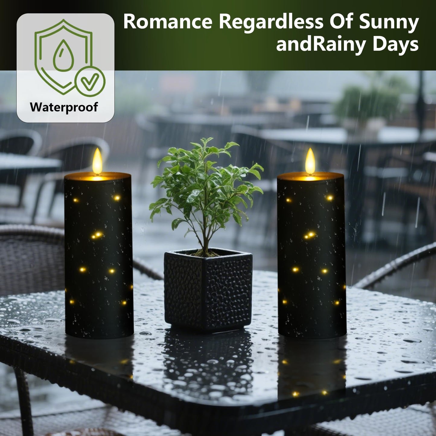 kakoya 10" x 4" Large Outdoor Waterproof Flickering Flameless Candles with Timer,2Pcs Battery Operated LED Pillar Candles with Embedded Star String for Outdoor Lanterns,Porch,Patio Decor(Black)