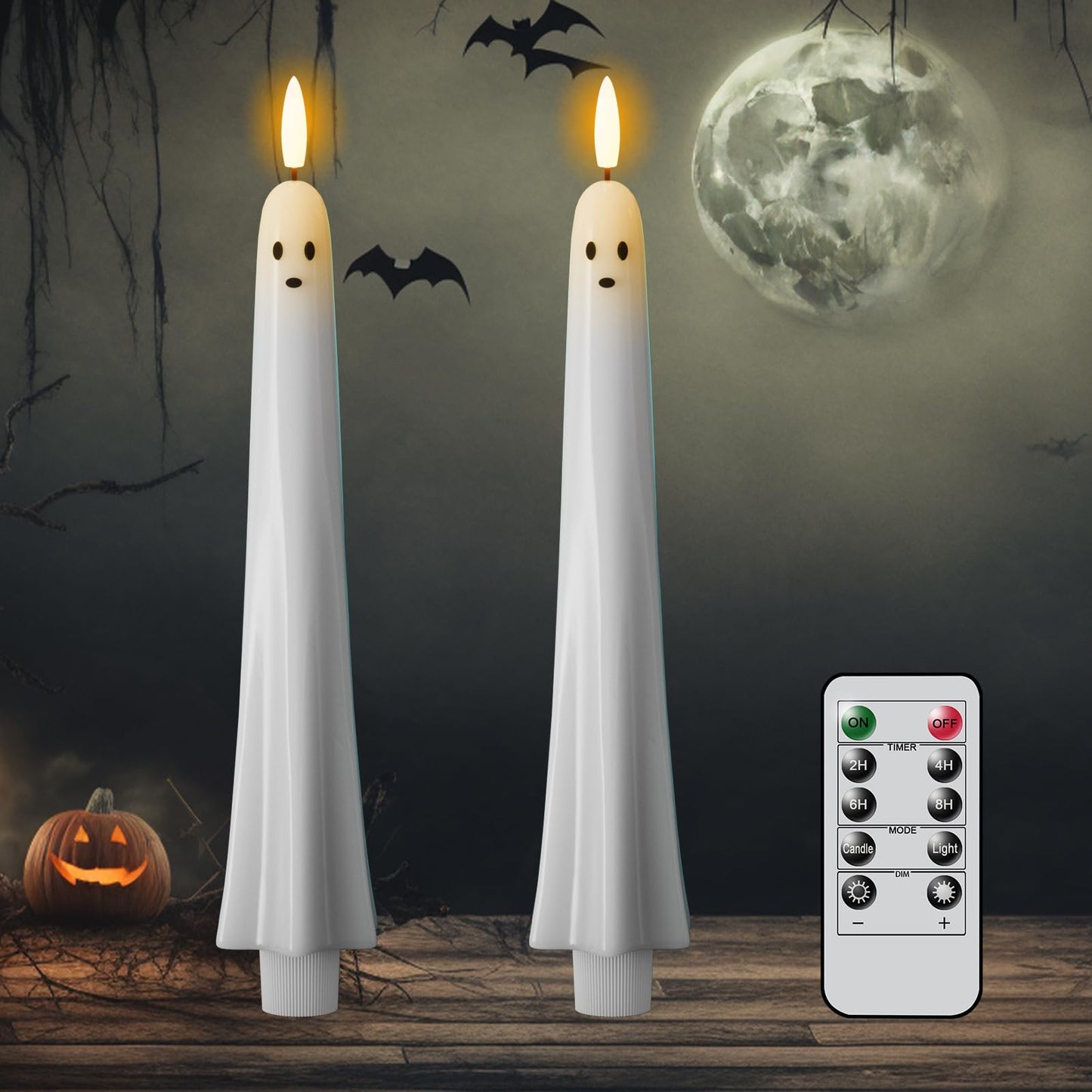 DRomance Flickering Flameless Taper Candles with Remote and Timer, 2 Pack Battery Operated LED Taper Candles 3D Wick Plastic Dripping Effect Dinner Wedding Holiday Decor(White, 0.78" D x 9.65" H)