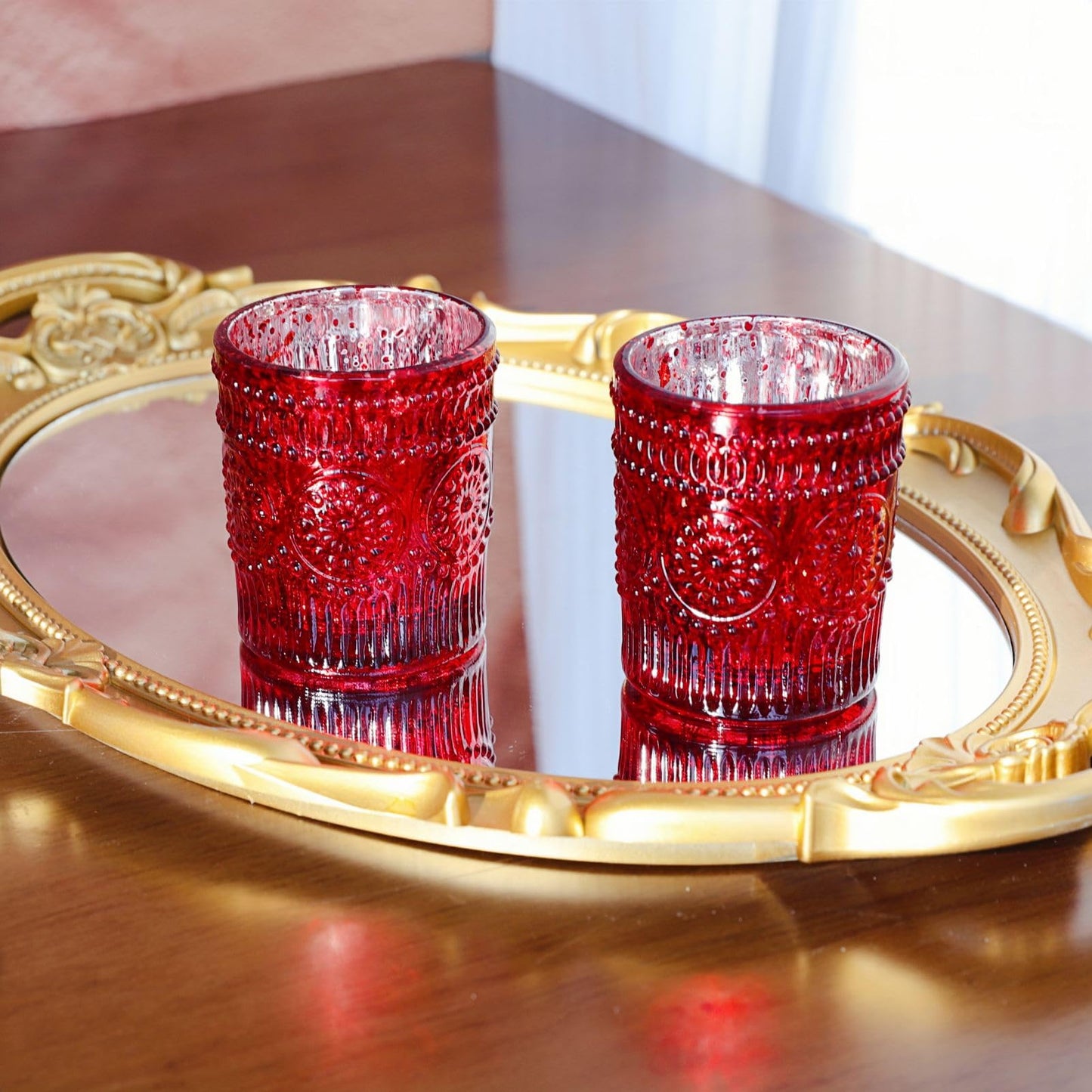 VOHO Red Mercury Glass Candle Holder Set of 12, Boho Sunflower Red Votive Candle Holders for Table Centerpiece, Festive Tealight Candle Holder for Christmas, Thanksgiving, Valentines Day Decorations