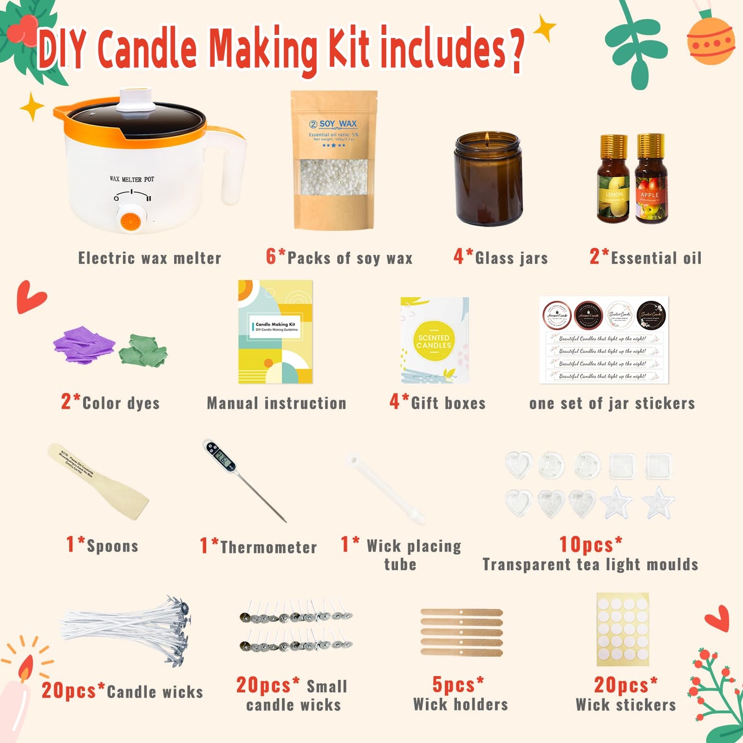 WcoDusak Soy Candle Making Kit for Beginners, Adults & Hobbyist Crafters, All-in-One DIY Supplies with Electric Wax Melter, Ideal for Crafting Handmade Candles as Home Decor and Holiday Gifts