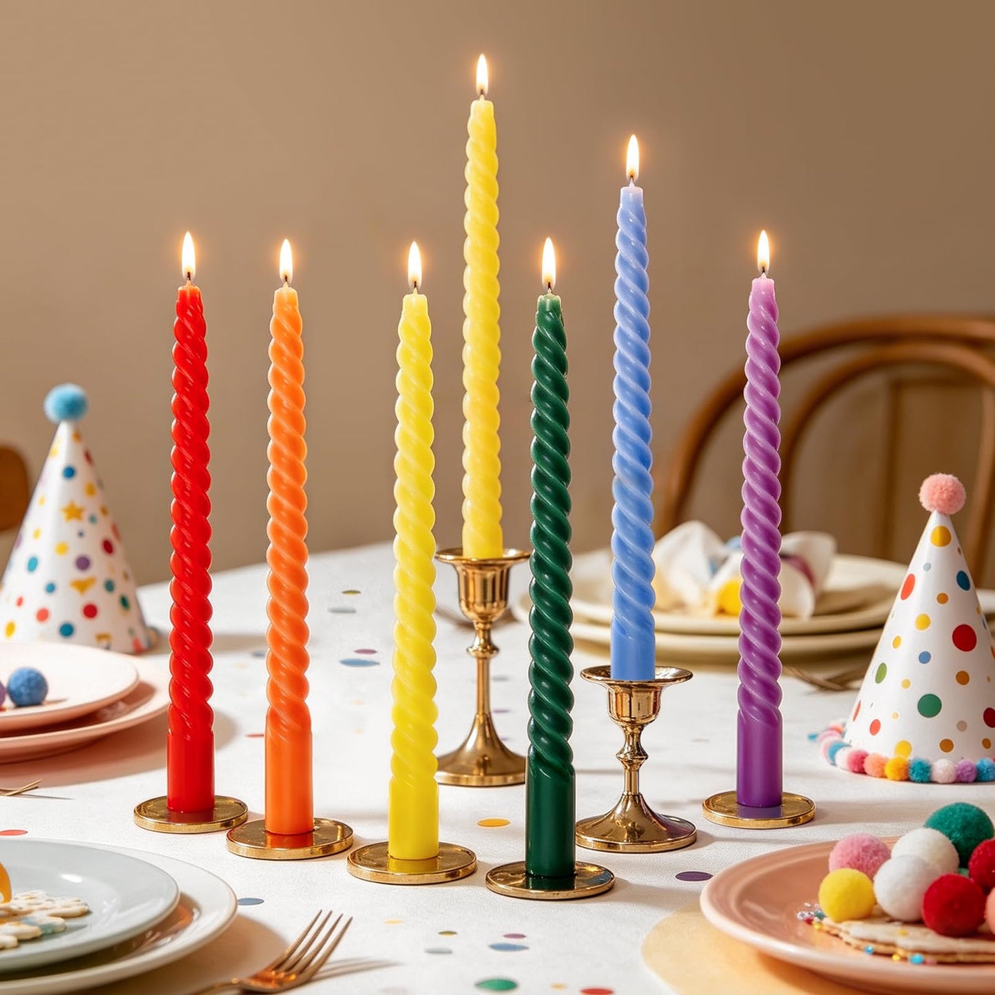 Whaline 12Pcs 10 Inch Rainbow Spiral Taper Candles 6 Colors Dripless Twisted Wax Candles Long Unscented Candle Sticks for Pride Events Wedding Displays Home Dining Table Supplies