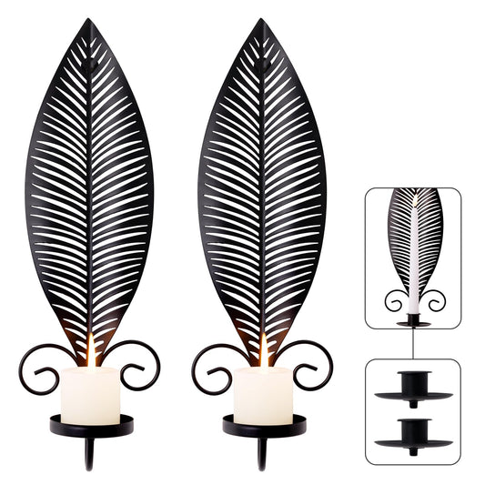 Leaf Shape Candle Holder Wall Set of 2,Wall Sconce with 2 Removable Trays,Gothic Antique Candelabra,Mounted Stylish Candlestick Holder Home Decor Candle Stand for for Living Rooms Hallways(Black)