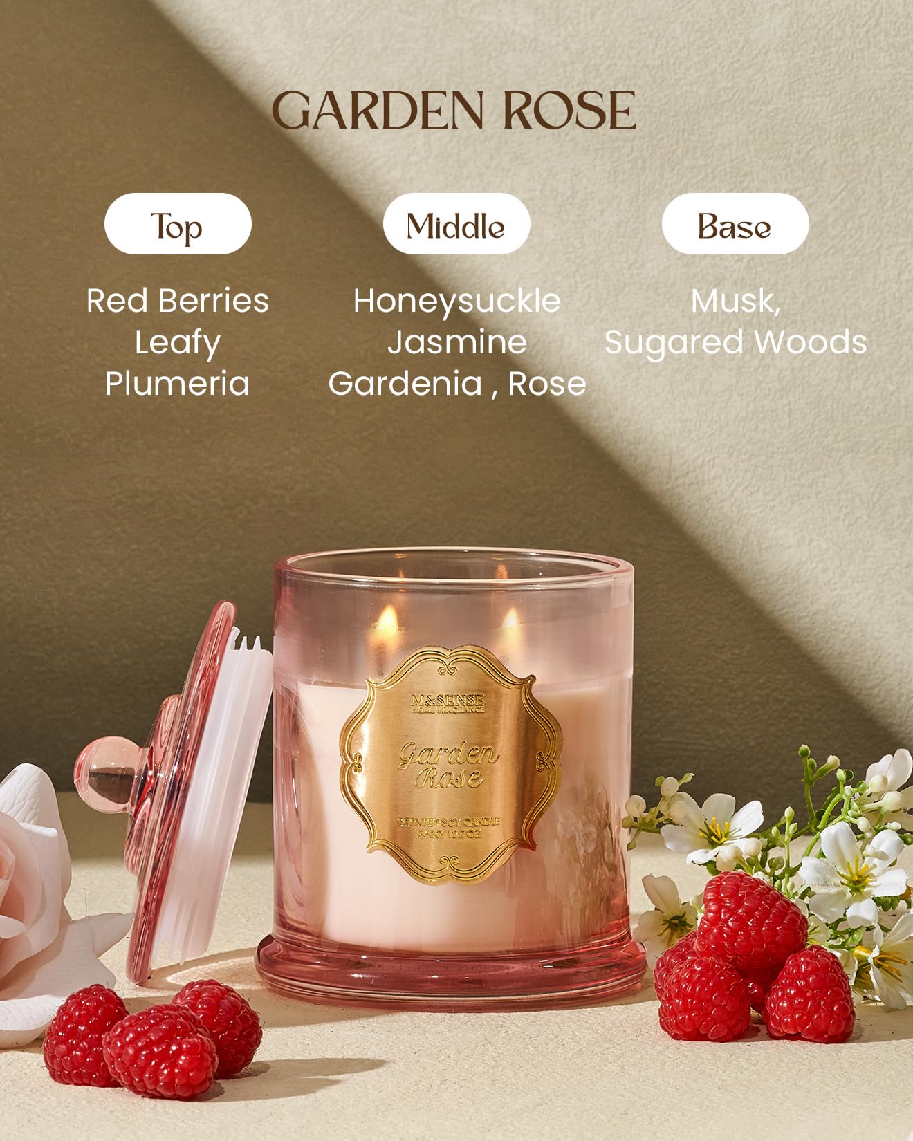 M&SENSE Garden Rose Scented Candles, Natural Soy Wax Non Toxic, Romantic Date Stress Relief Home Fragrance, 12.7oz 2 Wick 75 Hours Candles for Women