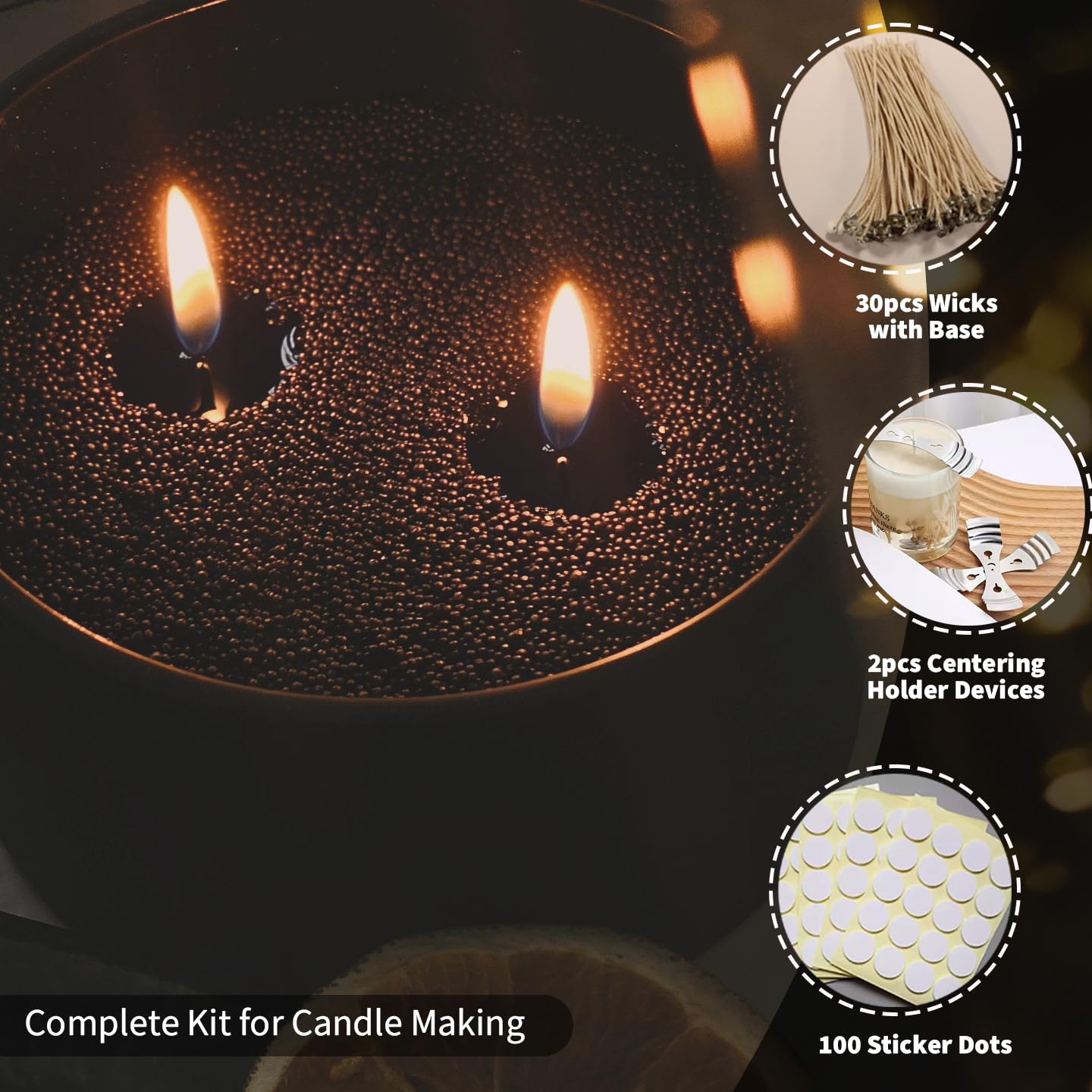 NICEME Customized Powder Candle Making Kit, 11Lb/ 5kg Refillable Beaded Wax Sand All Natural Reusable DIY Pearled Candle Self Extinguish w/ 200 Wicks & 200 Stickers & 2 Centering Devices