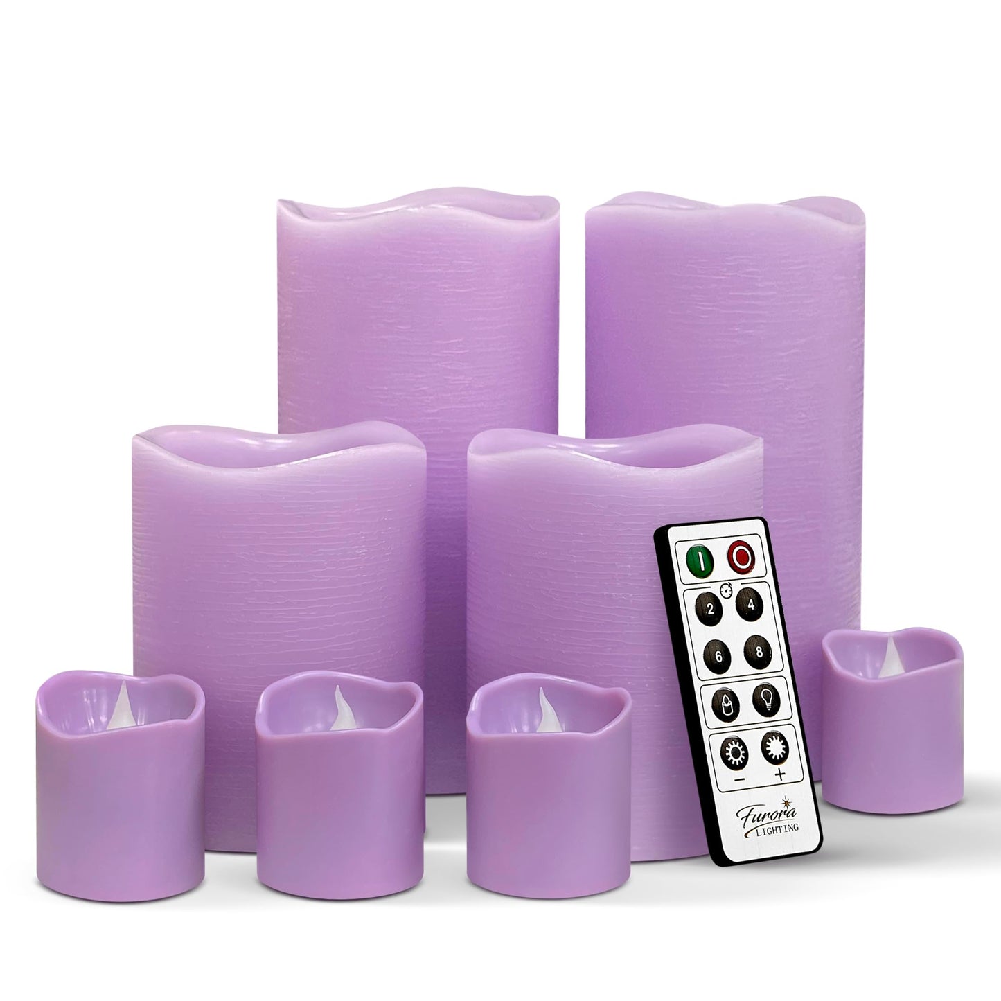 FURORA LIGHTING Purple Flameless Candles - Real Wax, Adjustable Brightness, Remote & Timer - 4 Pillars (3x4, 3x6) and 4 Votives, 8-Pack, Battery Operated