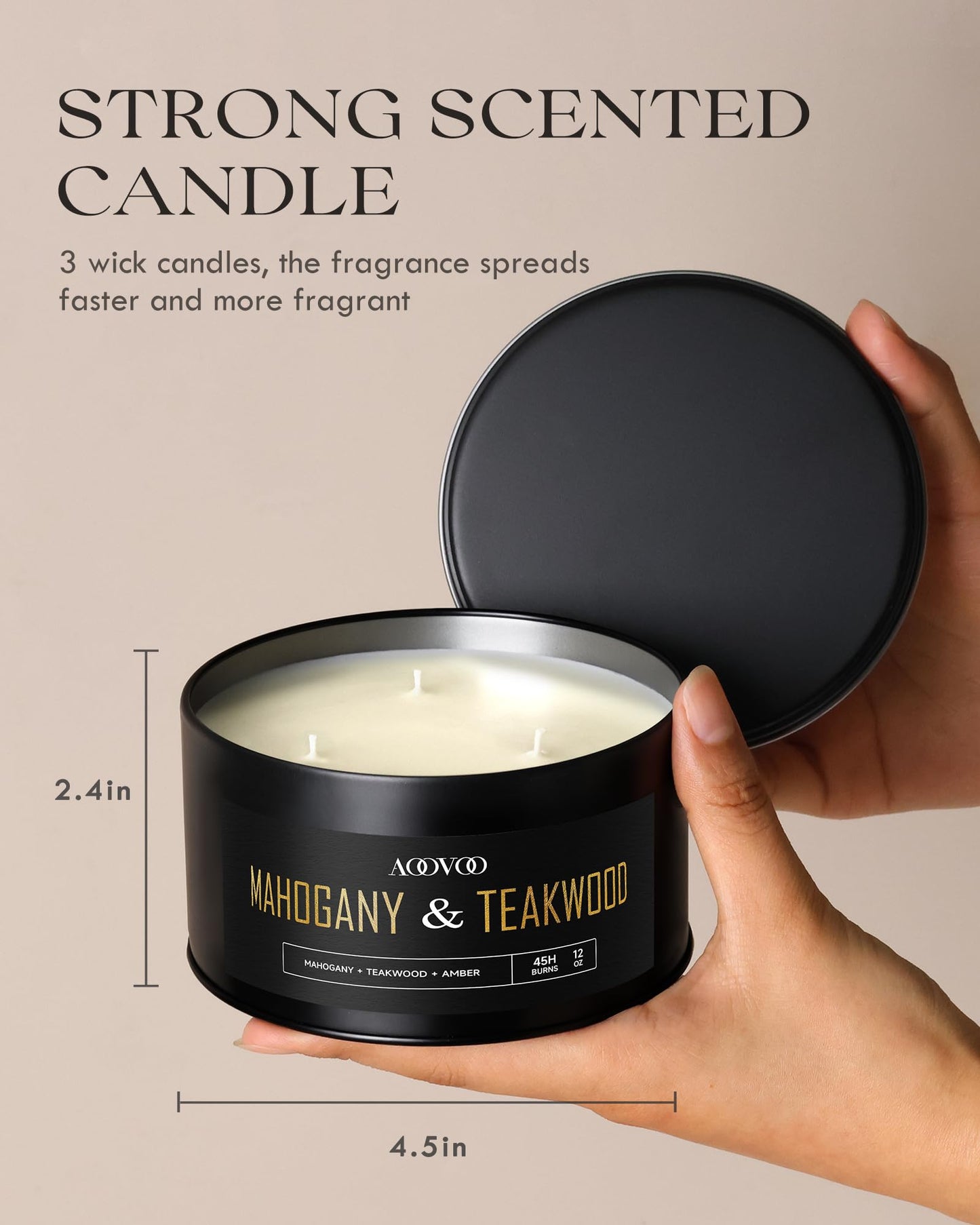 AOOVOO Mahogany Teakwood Candles for Men - 3 Wick 12oz Large Scented Candle, Long Lasting Soy Candles for Home Scented, Strong Fragranced Masculine Black Candle Gift for Women & Men
