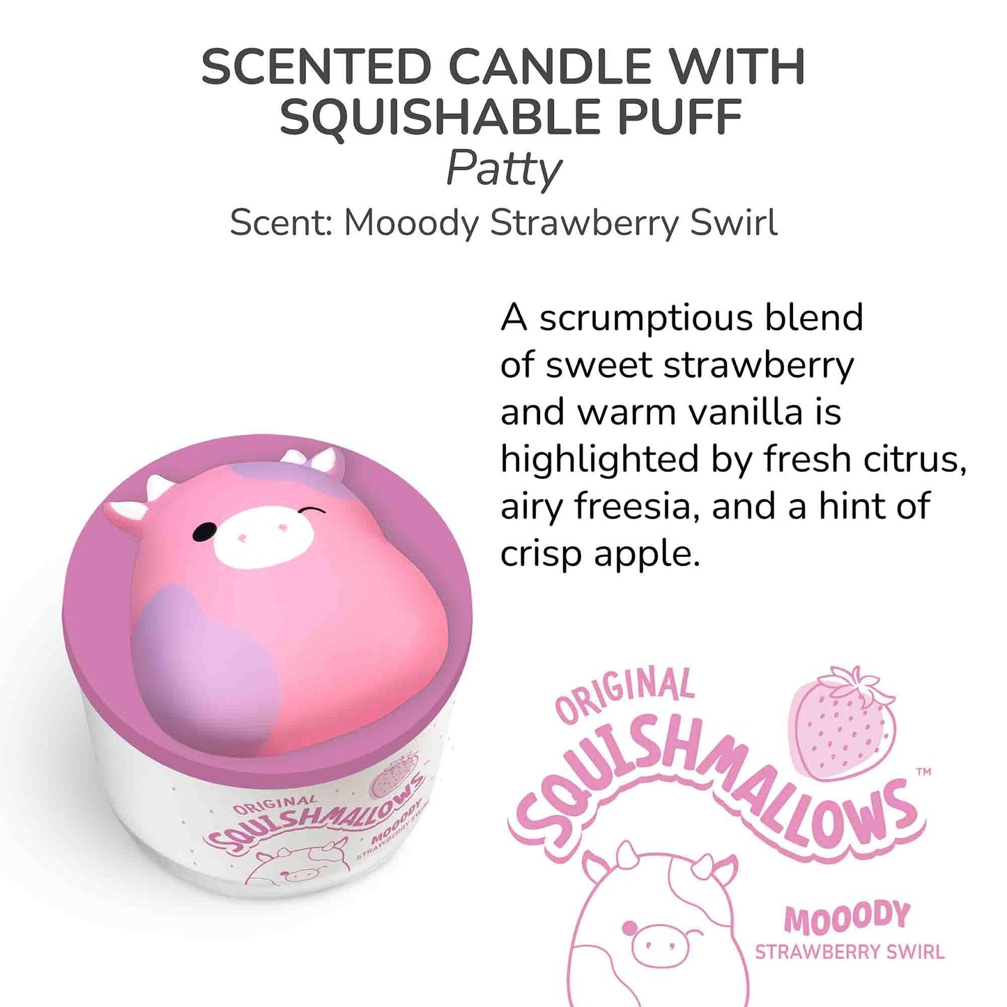 Studio Oh! x Squishmallows Scented Candle, Patty Mooody Strawberry Swirl Strawberry, Vanilla, Citrus & Freesia, 12 oz, Reusable Jar, Scented Candles for Home, Relaxing Calming Candle