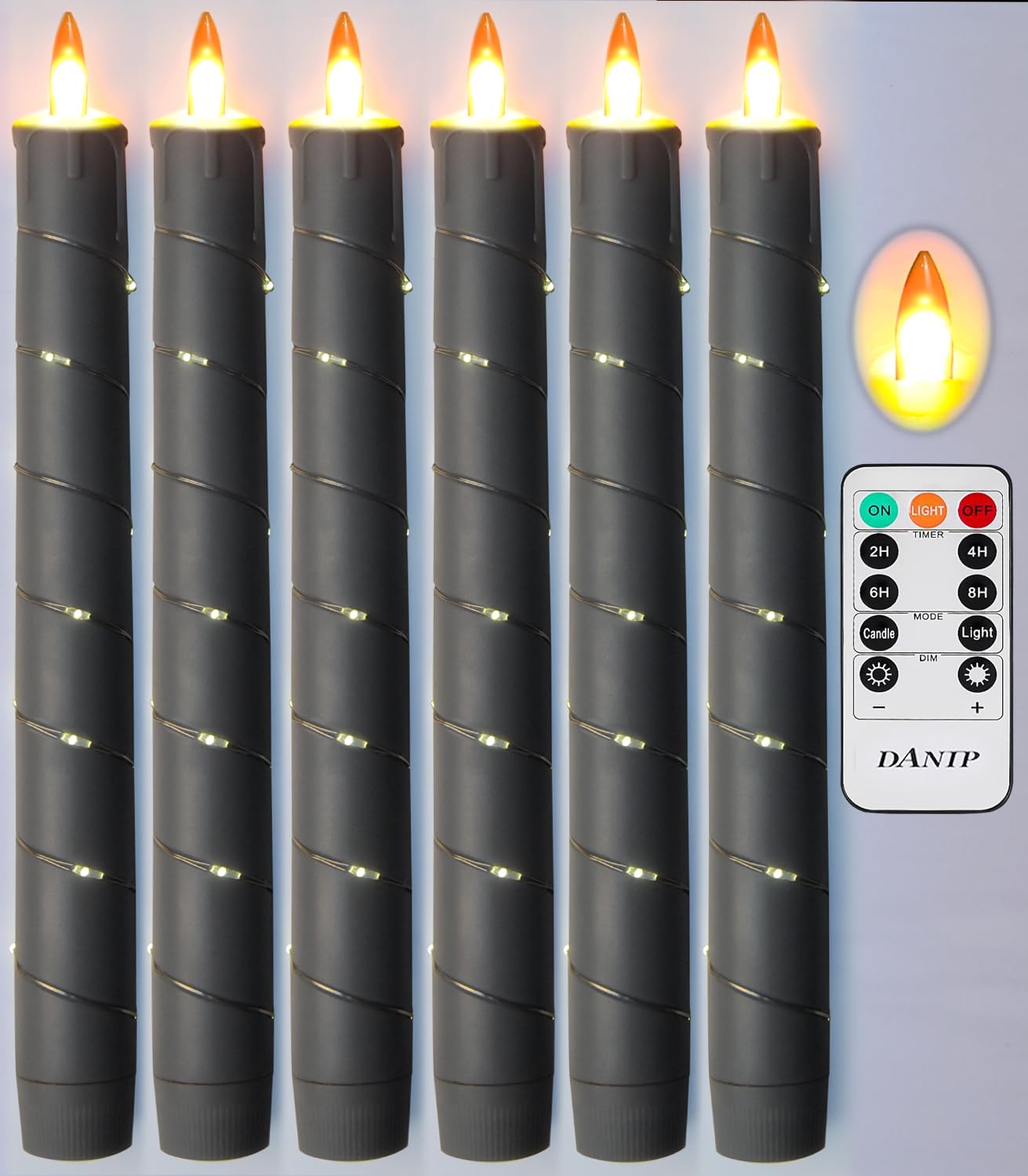 Flameless Candle, (Conical) Patented Starlight String, LED Candle, 11-Key Timing Remote Control, Battery Powered, Dance Flicker Flame, 6 Packs, Christmas Wedding Home Decor(Dark Gray)